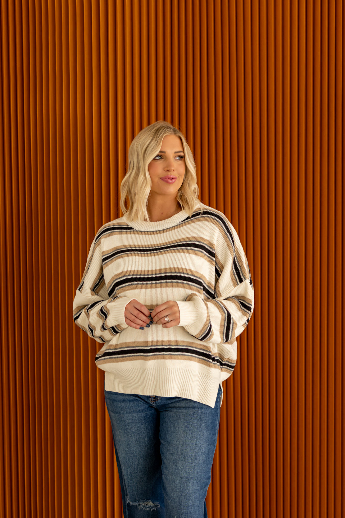 Cream Striped Knit Sweater with Slits