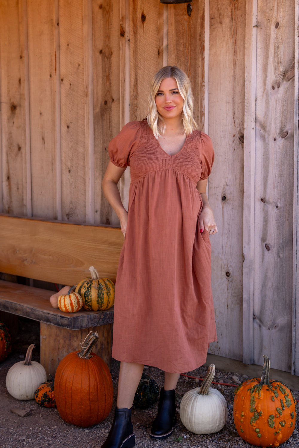 Rust Smocked Textured Midi Dress 