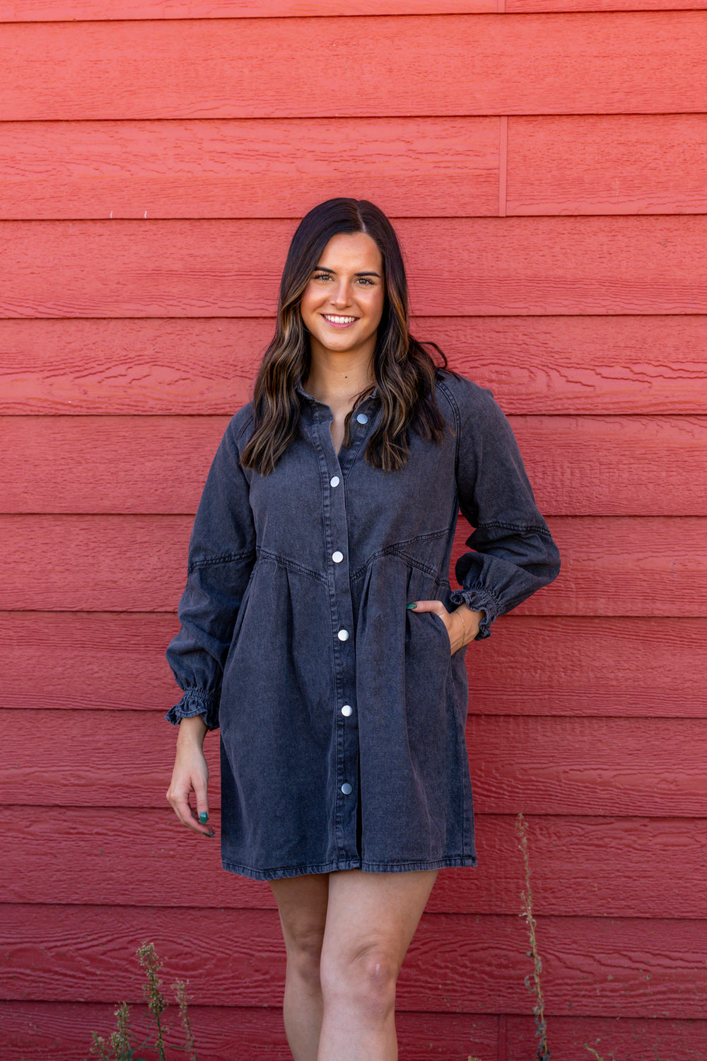 Black Washed Denim Button Down Dress