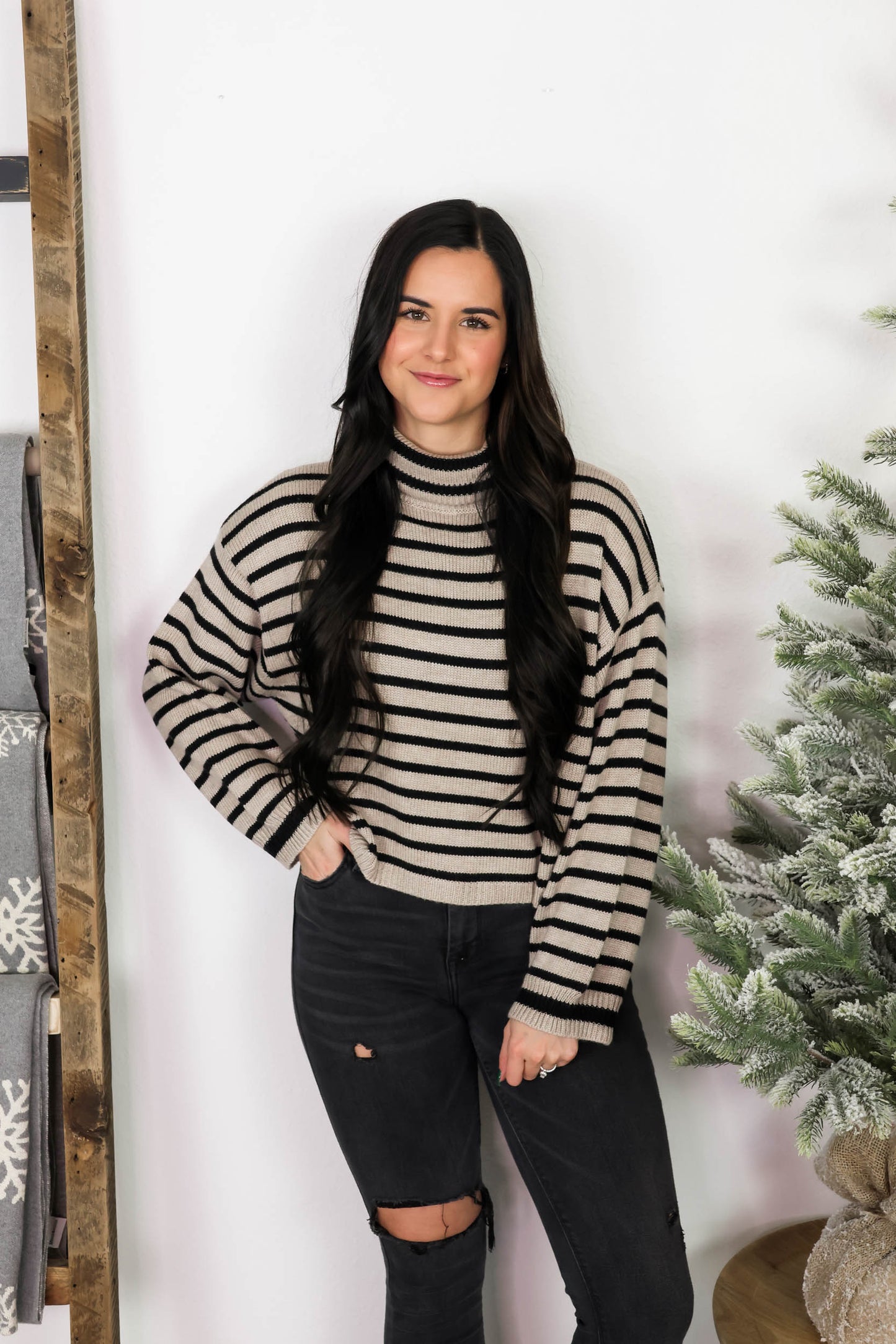 Kora Striped Turtleneck Cropped Sweater | Mocha/Black
