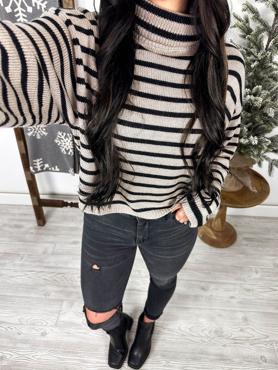 Kora Striped Turtleneck Cropped Sweater | Mocha/Black
