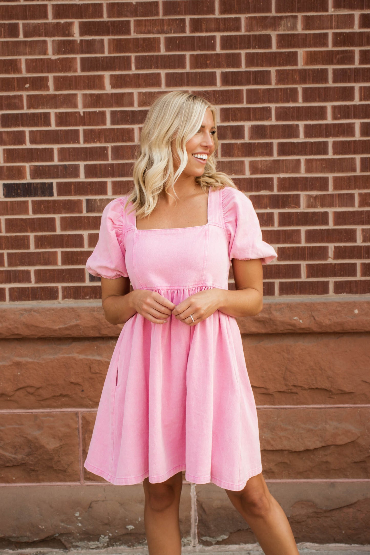 Emma Washed Denim Babydoll Dress | Hot Pink