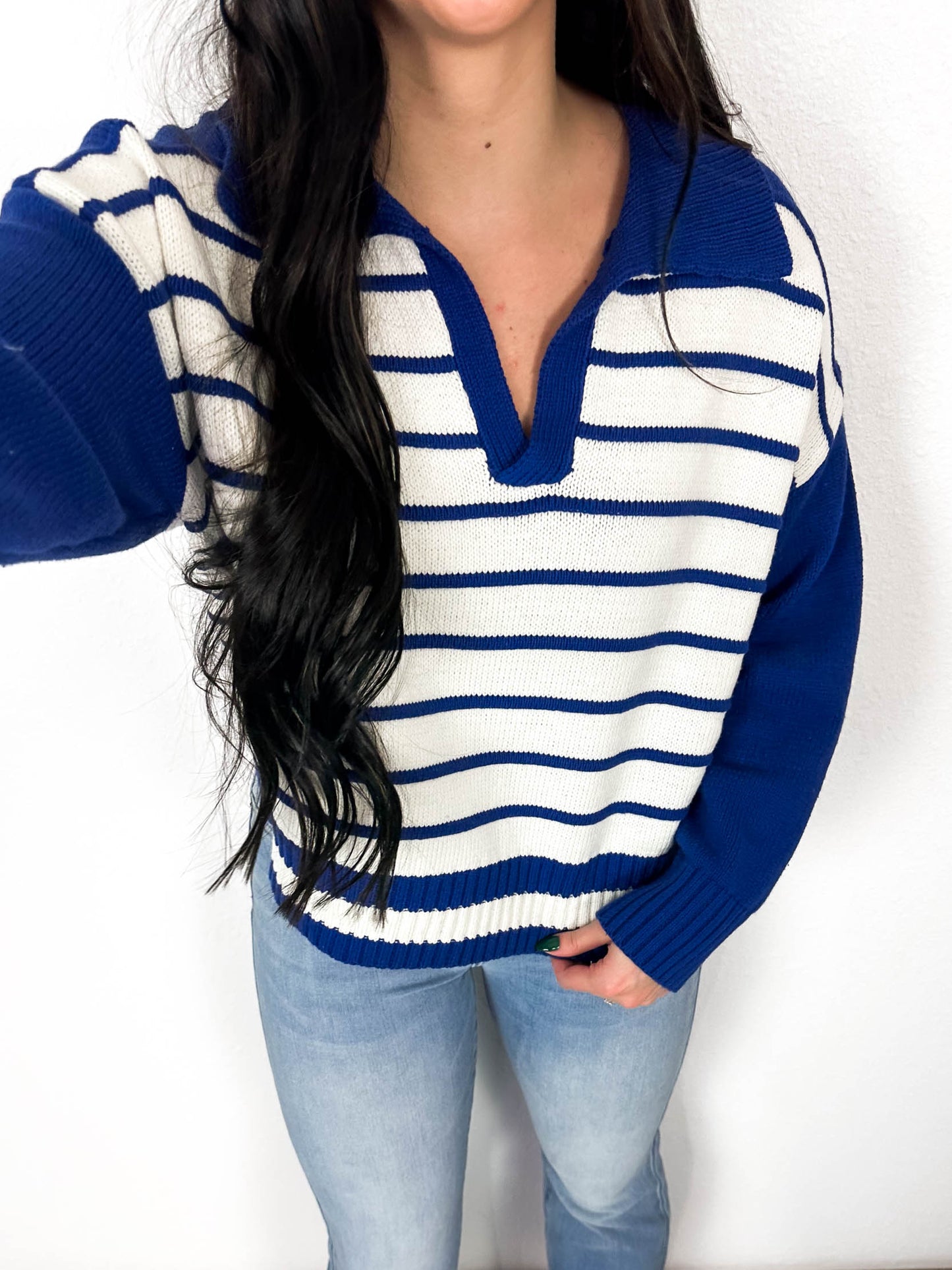Kari Striped Collared Sweater | Ivory\Royal