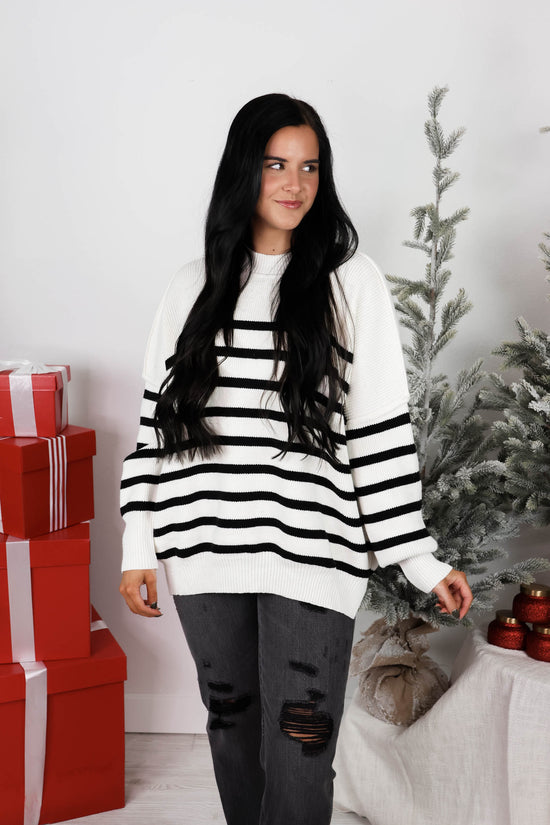 Ellis Striped Oversized Sweater | White/Black