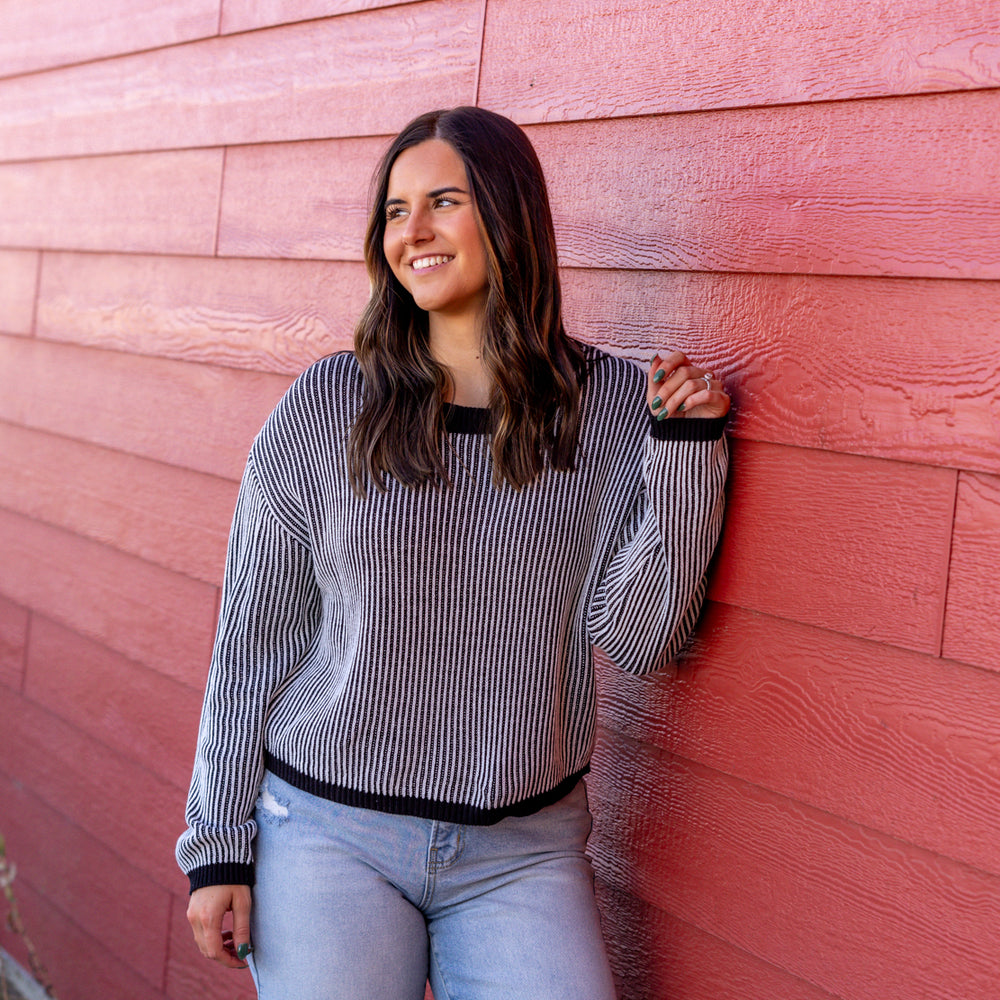 Women's Black & White Striped Pullover Sweater 