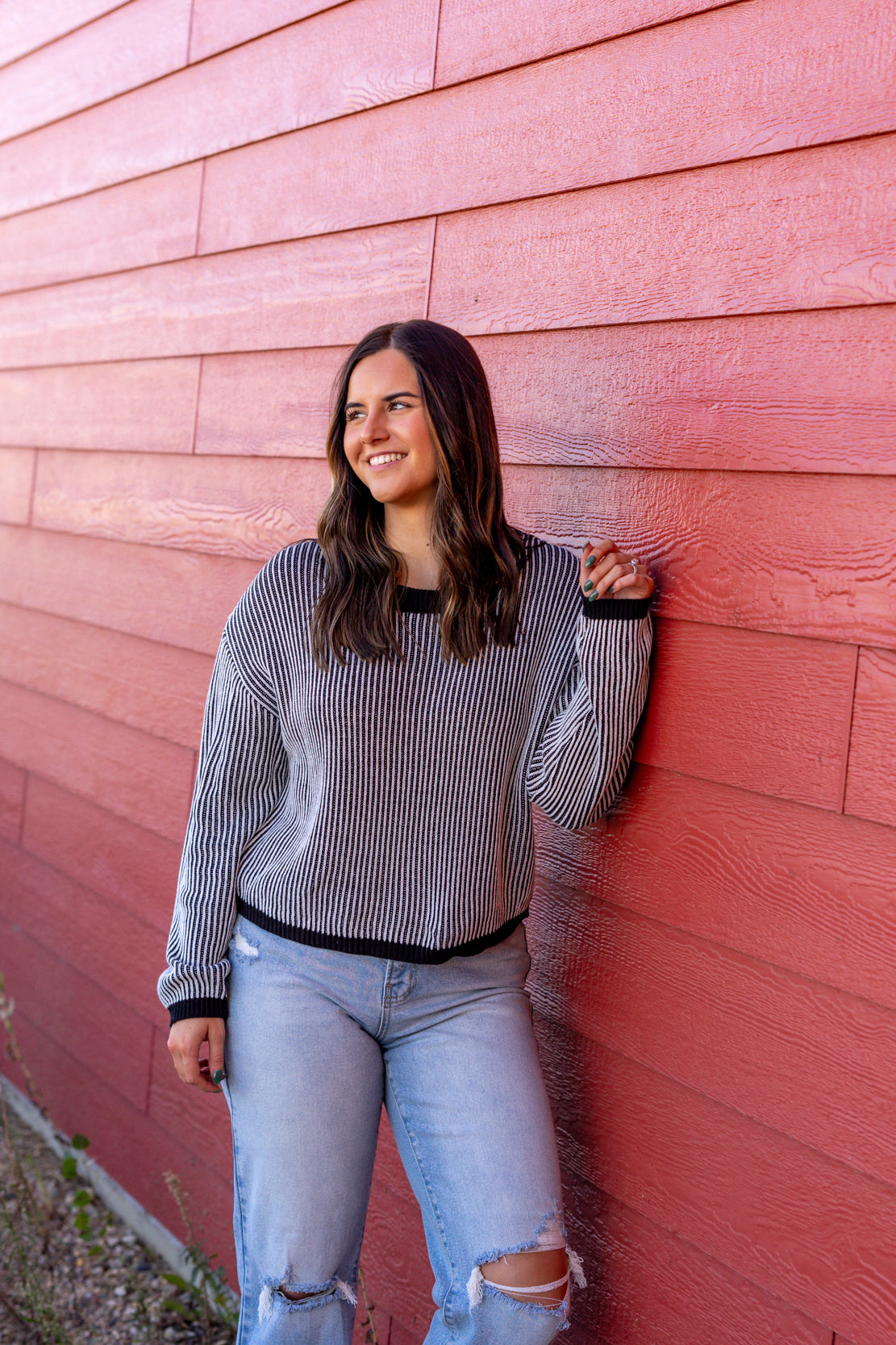 Women's Black & White Striped Pullover Sweater 