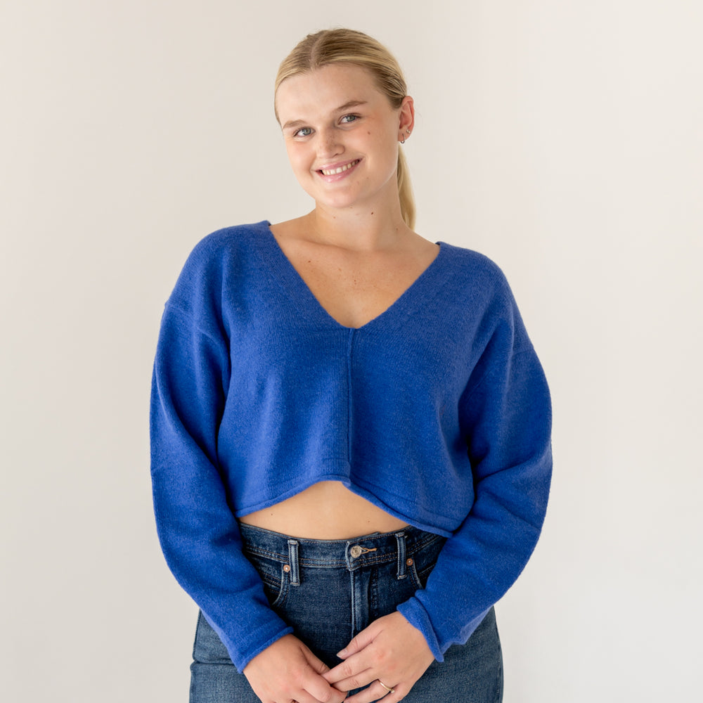 Women's V-Neck Cropped Sweater Cobalt Blue 