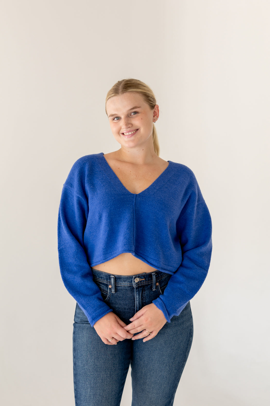 Women's V-Neck Cropped Sweater Cobalt Blue 