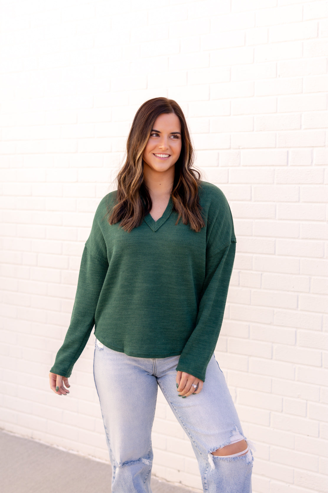 Women's V Neck Ribbed Long Sleeve Top