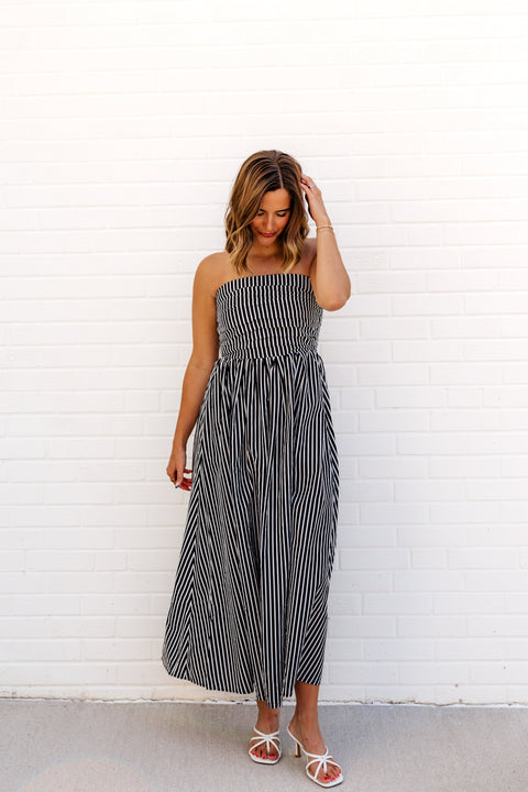 striped strapless maxi dress Parker noir dress Men's Lined Pants | Strapless smocked bodice for Color:Grey w/Org Polkadots