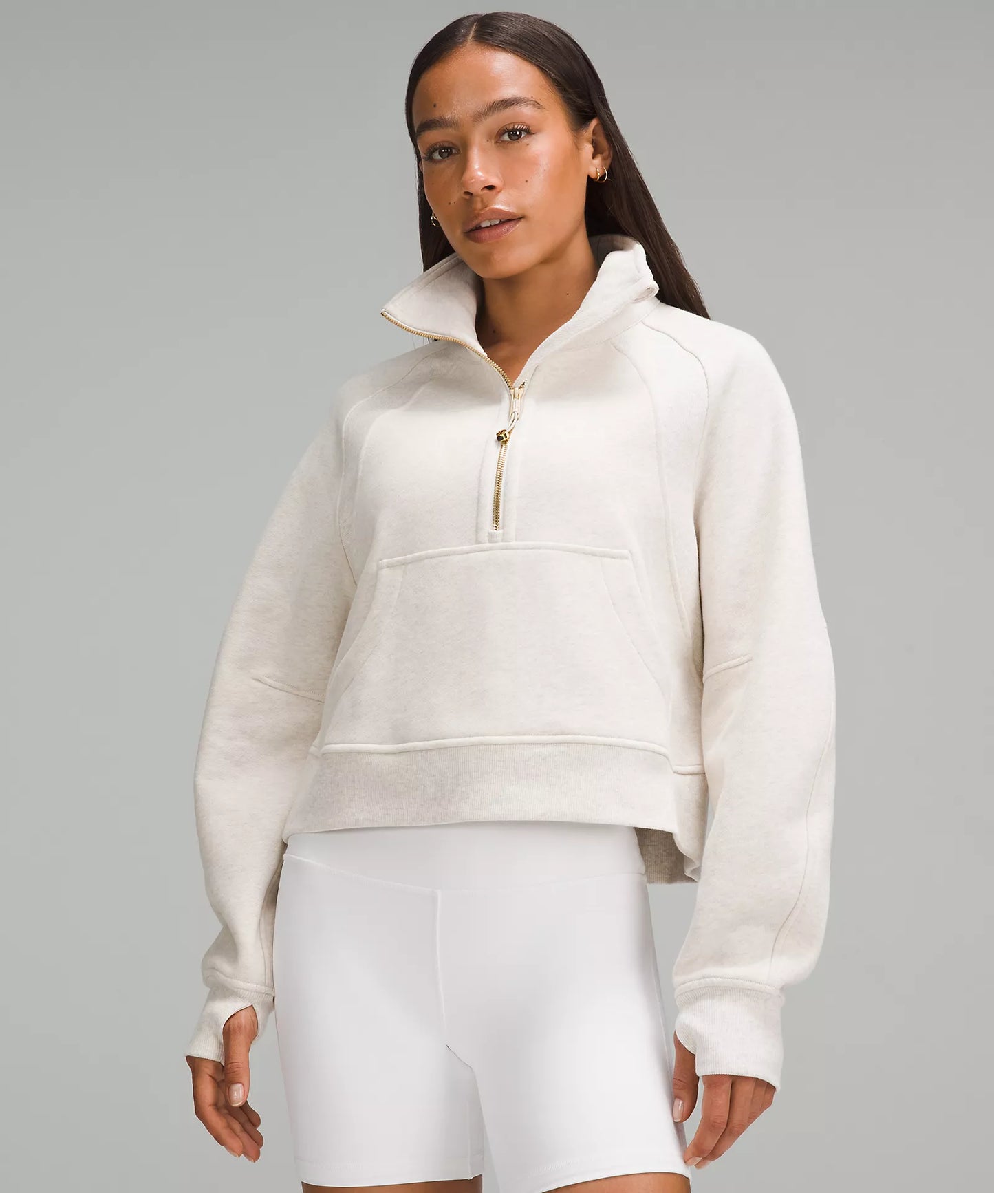 Scuba Oversized Funnel Neck Half Zip | Heathered Bone/Gold