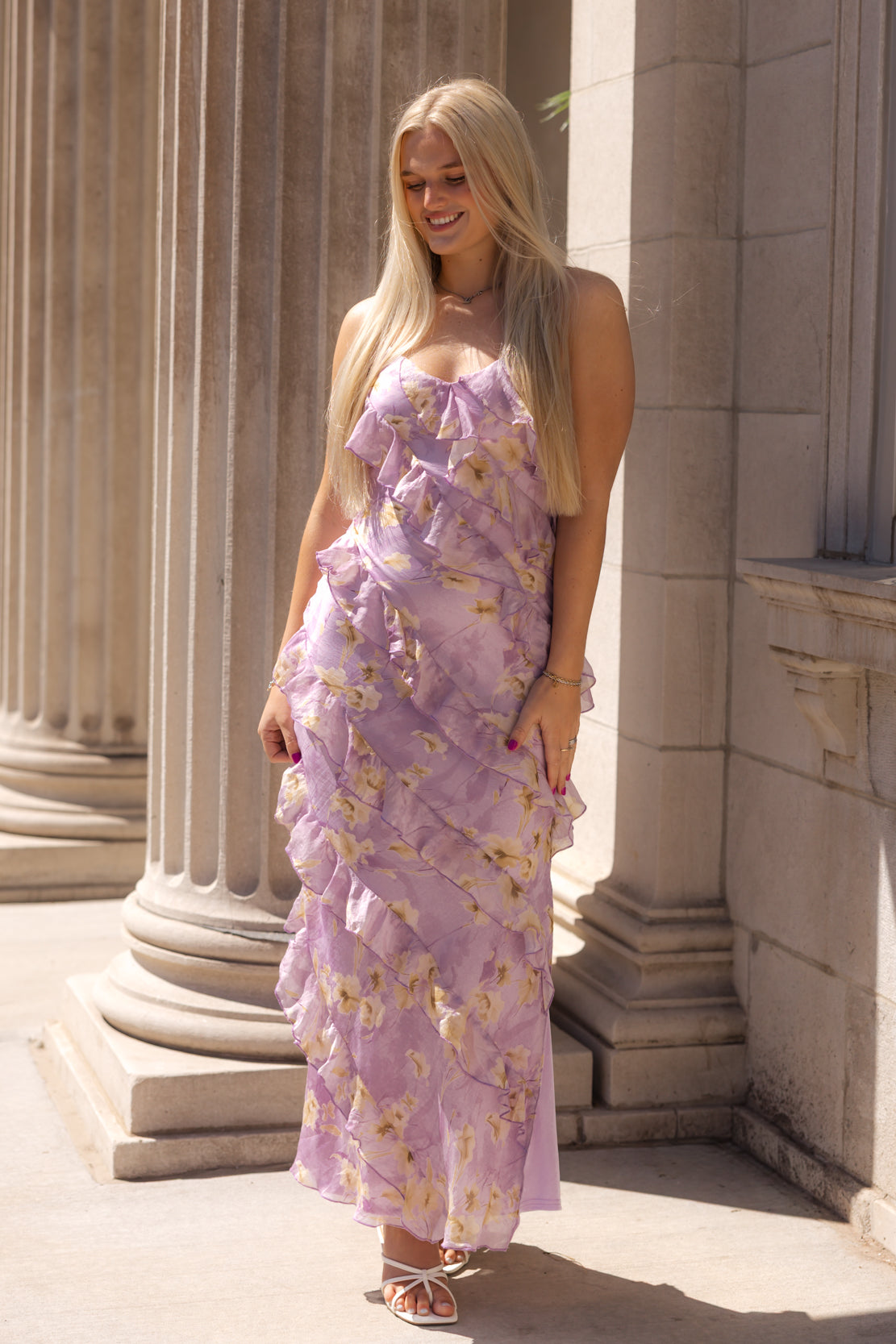 lavender flowy dress Emery Floral Ruffled Maxi Dress
