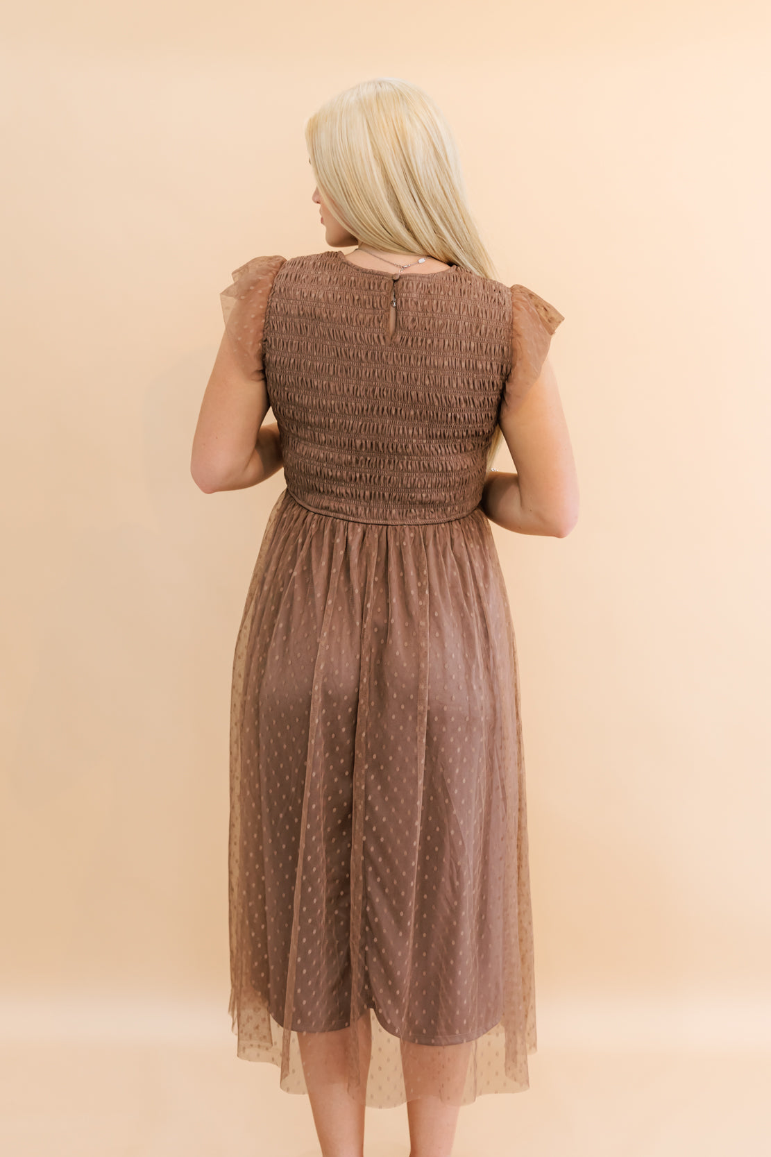 Colette Polka Dot Chiffon Midi Dress | Taupe