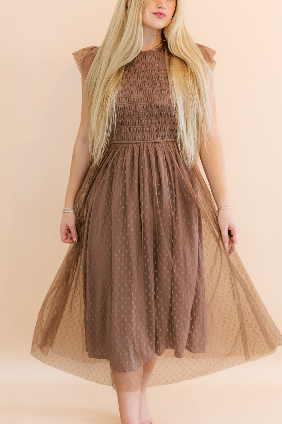 Colette Polka Dot Chiffon Midi Dress | Taupe