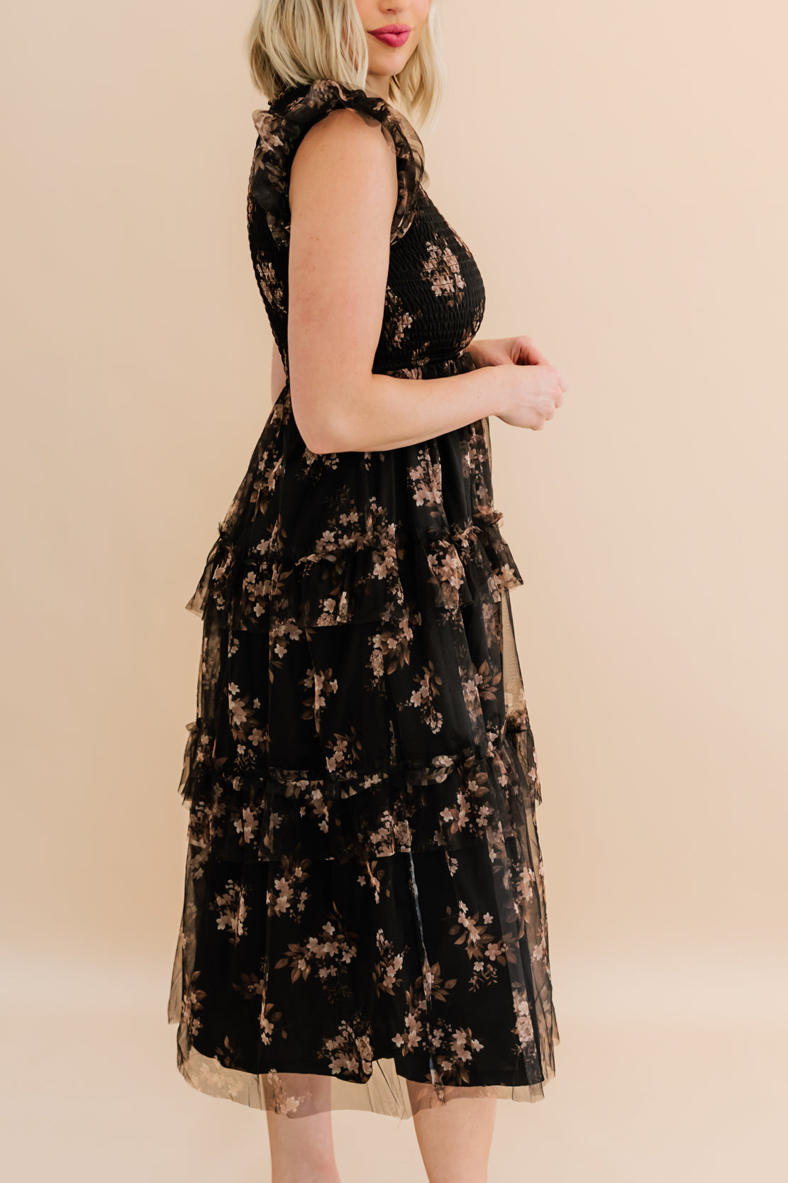 Sally Smocked Floral Midi Dress | Black Multi