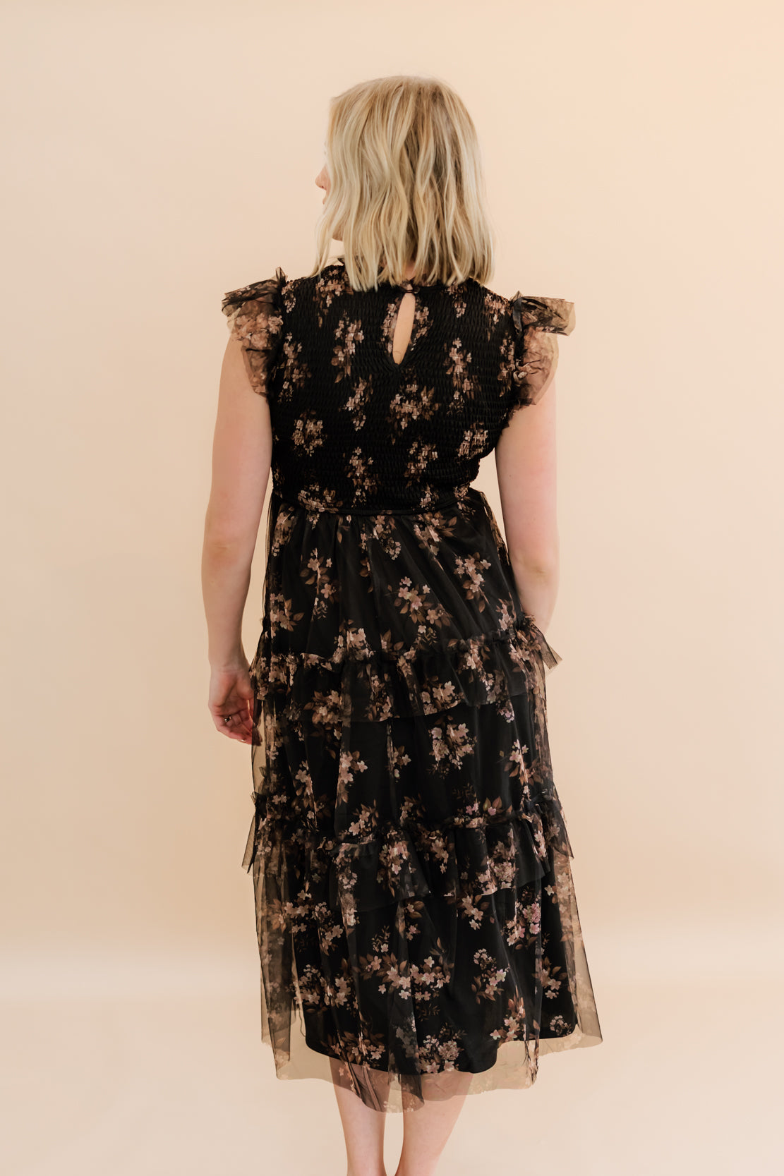 Sally Smocked Floral Midi Dress | Black Multi