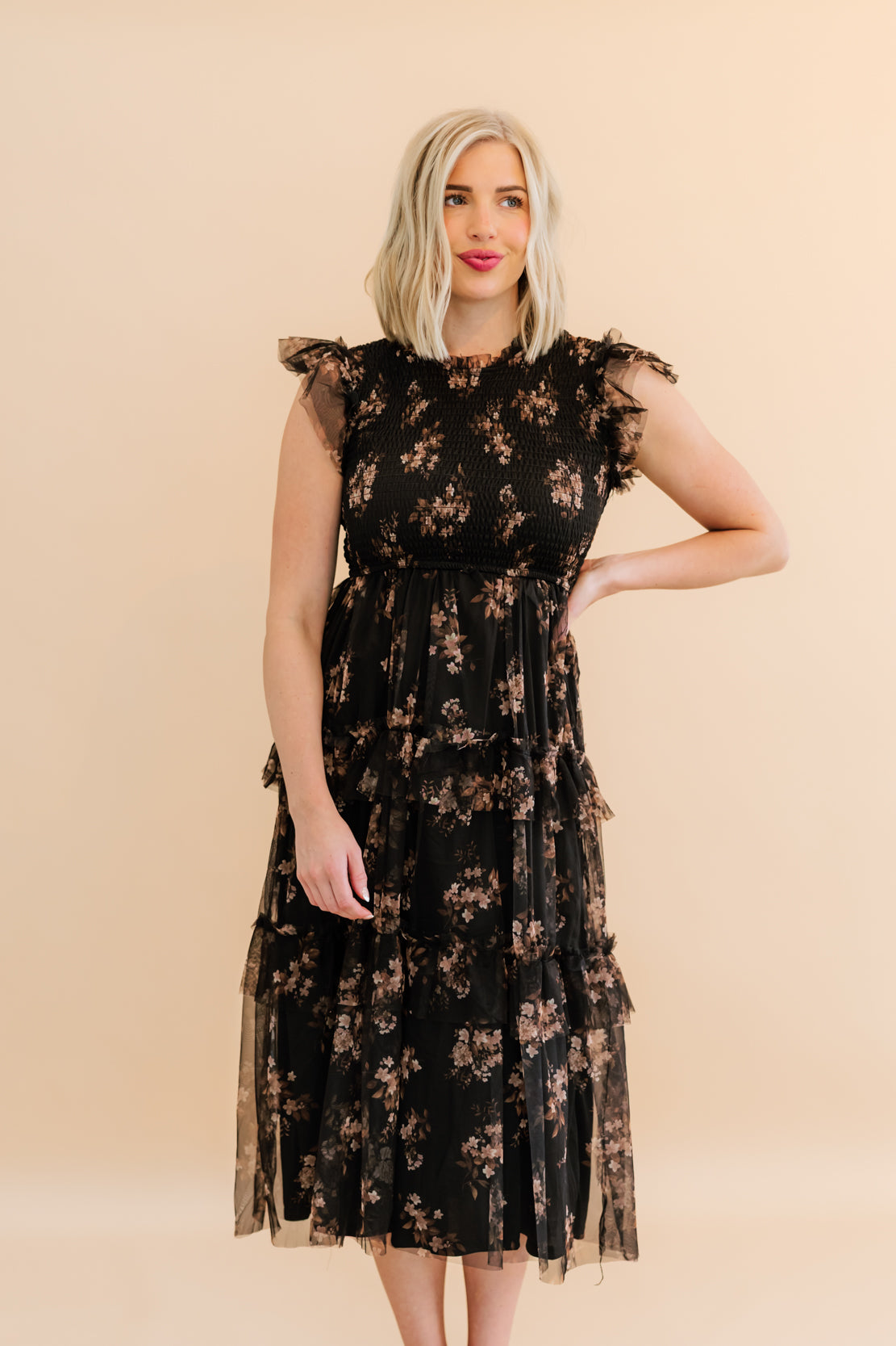 Sally Smocked Floral Midi Dress | Black Multi