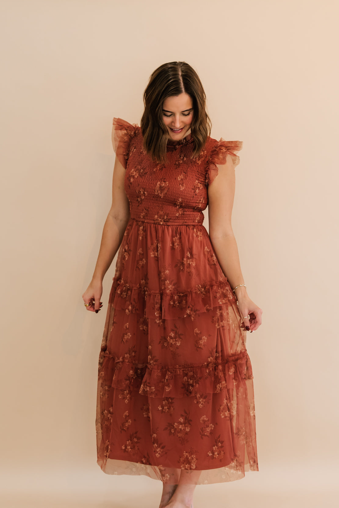Sally Smocked Floral Midi Dress | Terracotta Multi