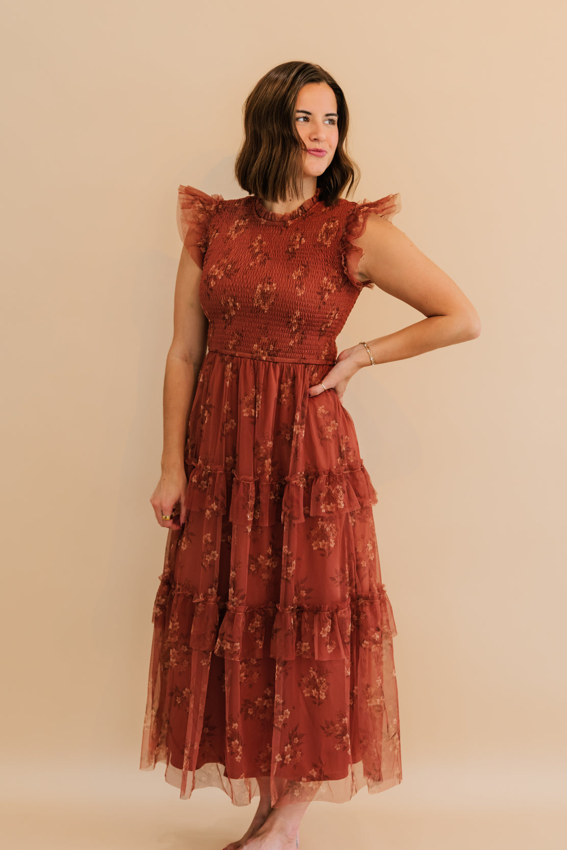 Sally Smocked Floral Midi Dress | Terracotta Multi