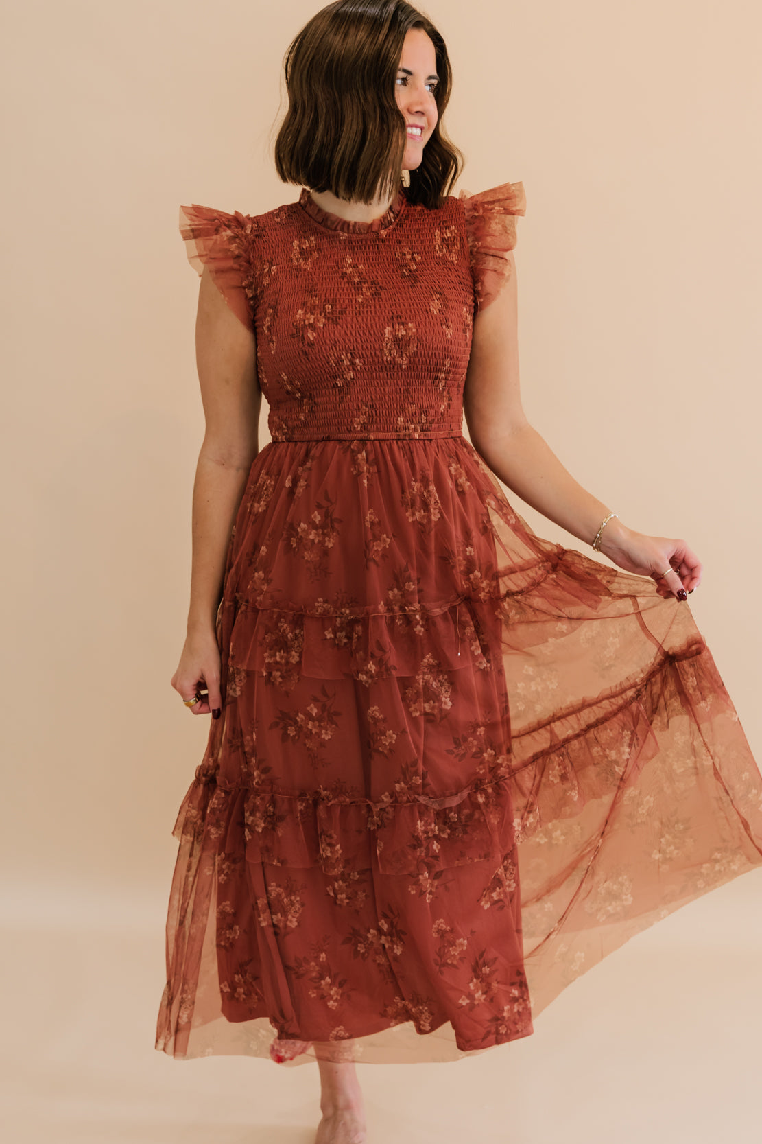 Sally Smocked Floral Midi Dress | Terracotta Multi