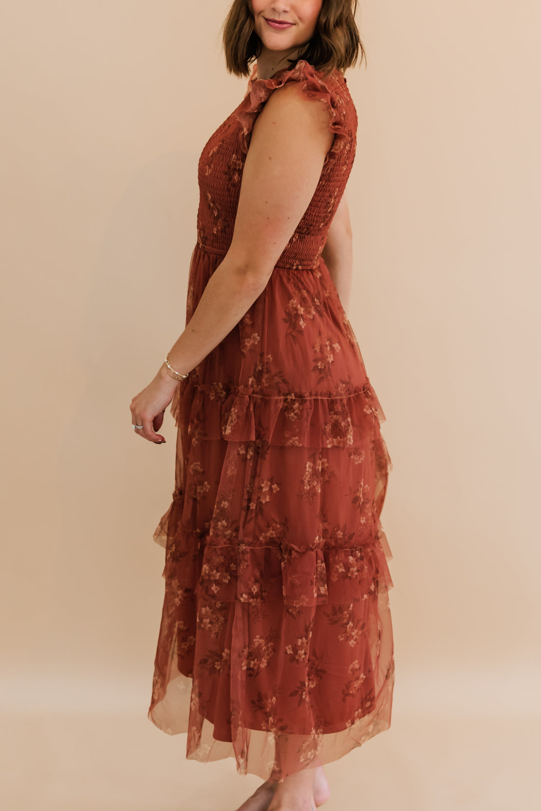 Sally Smocked Floral Midi Dress | Terracotta Multi