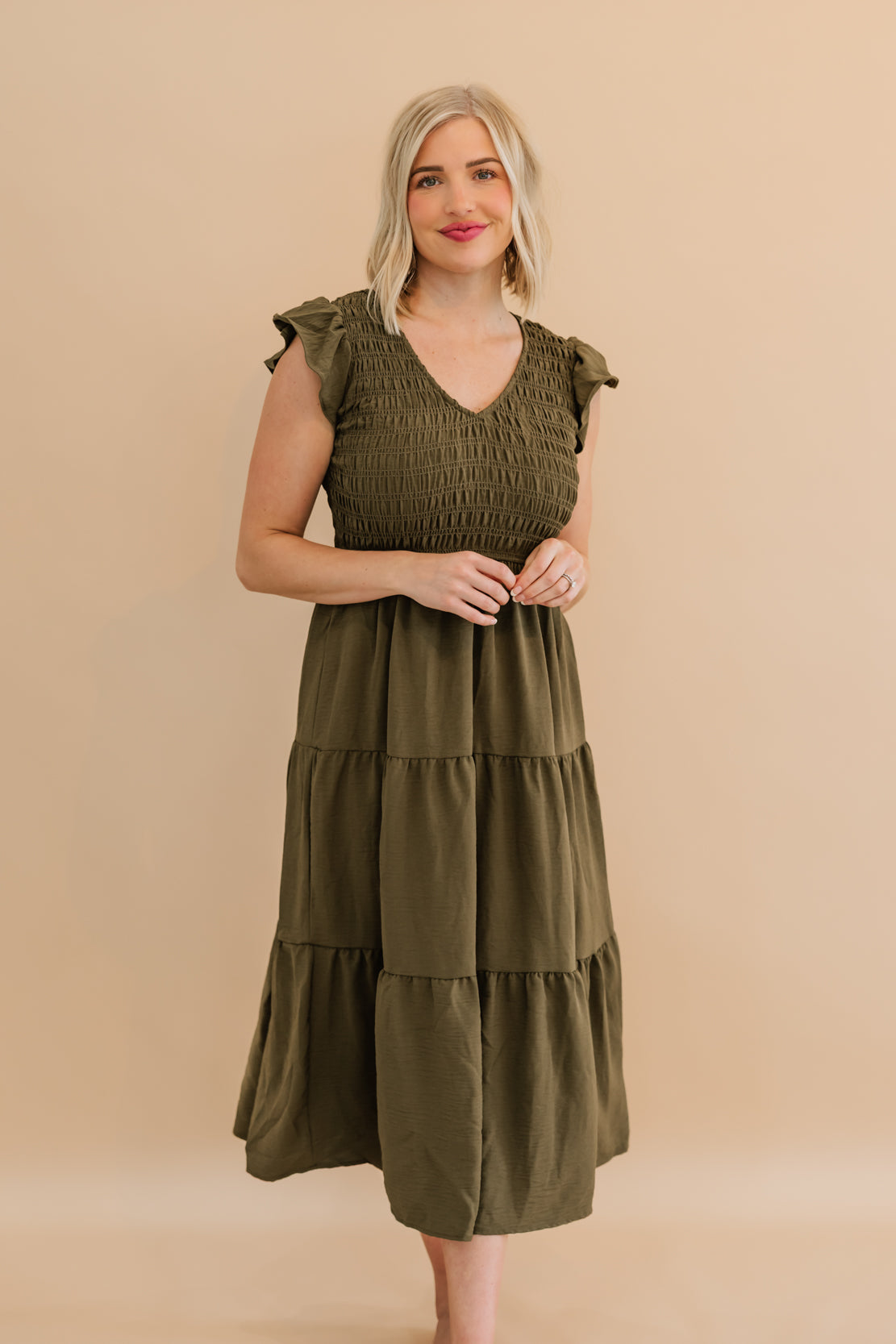 Juliana Flutter Sleeve Midi Dress | Dusty Olive