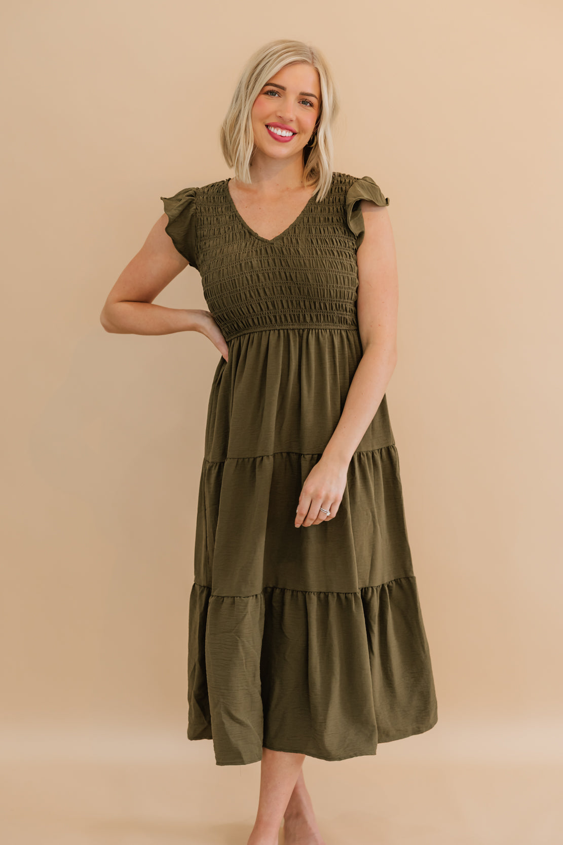 Juliana Flutter Sleeve Midi Dress | Dusty Olive