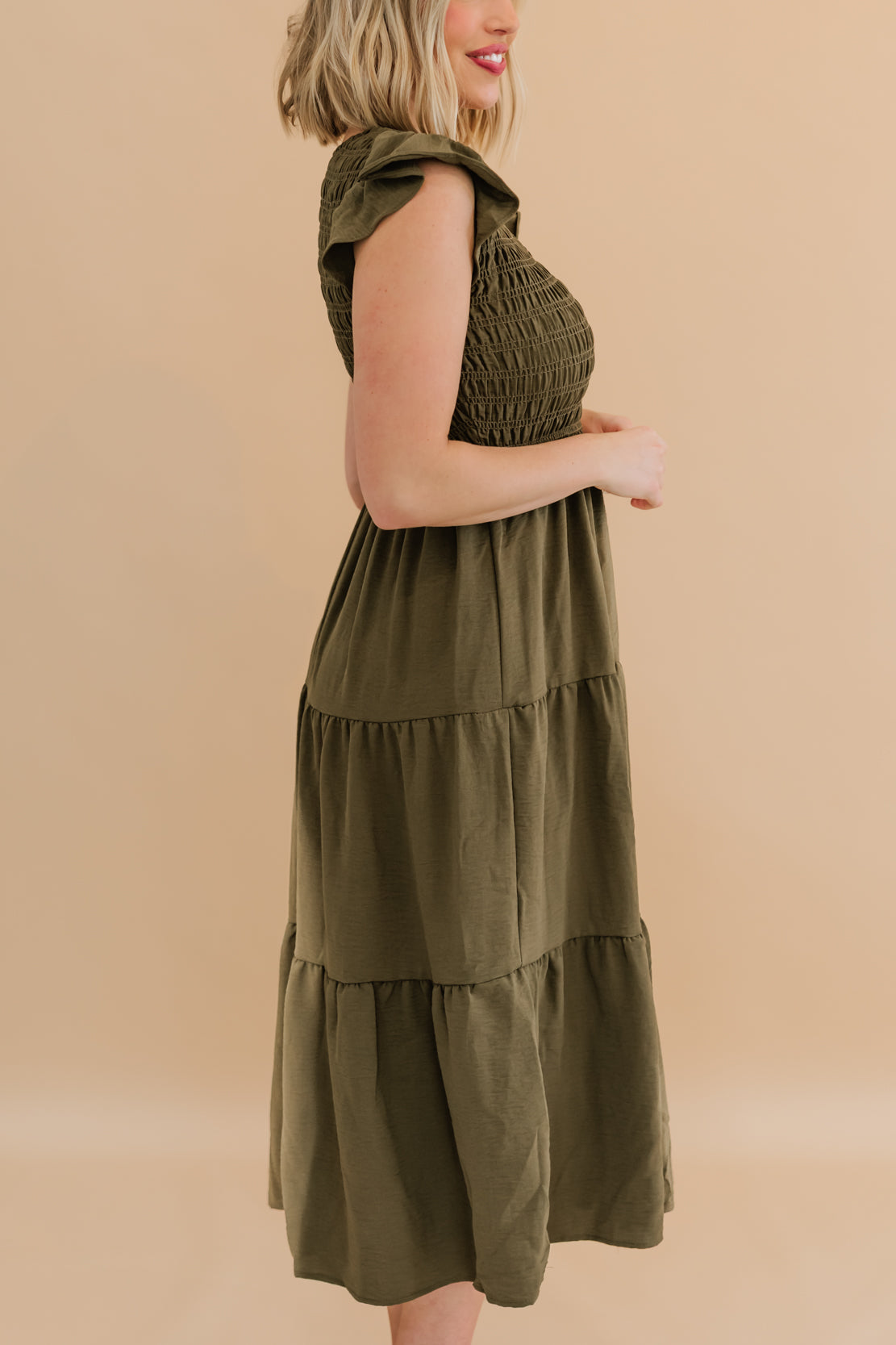Juliana Flutter Sleeve Midi Dress | Dusty Olive