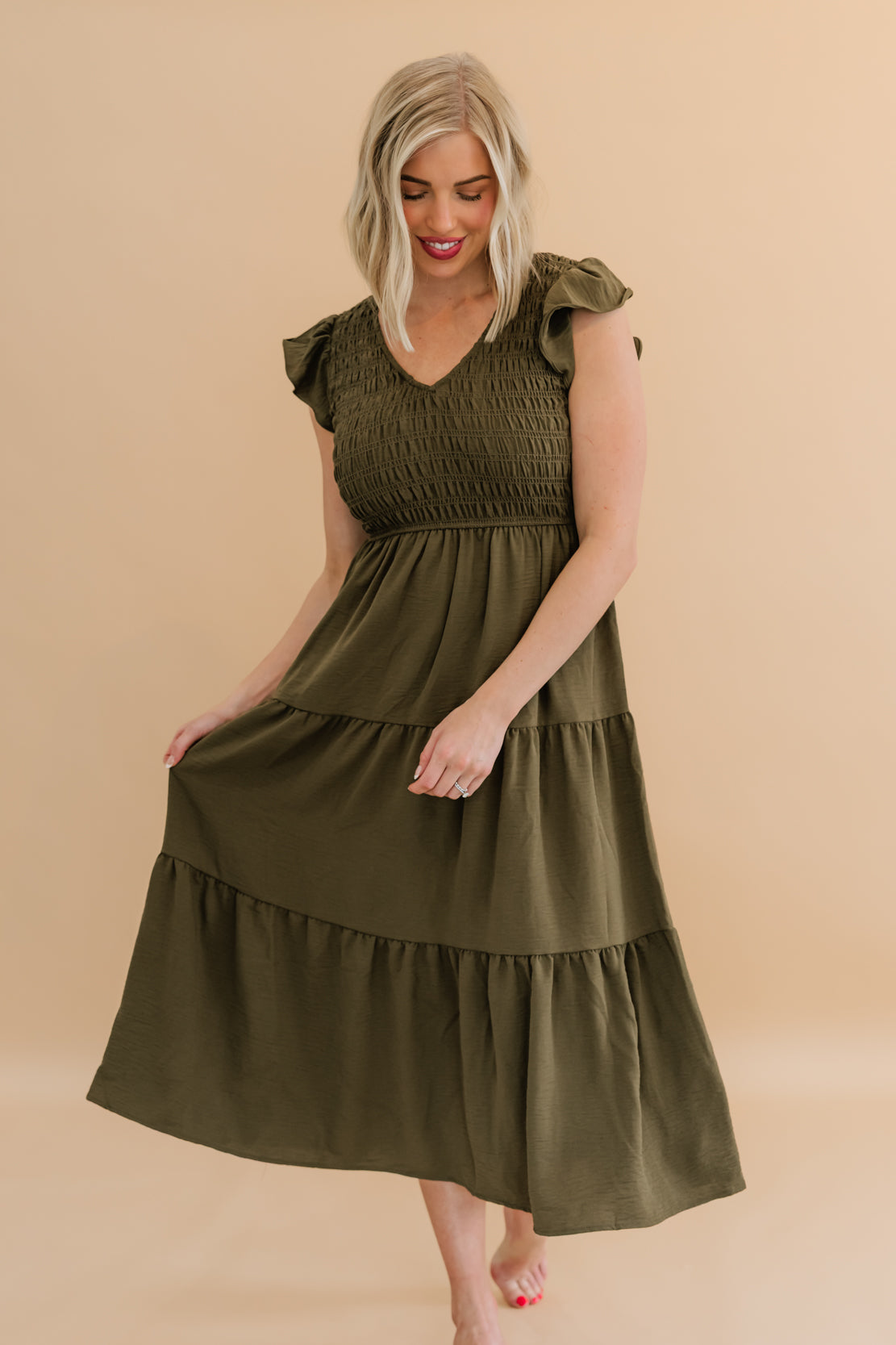 Juliana Flutter Sleeve Midi Dress | Dusty Olive