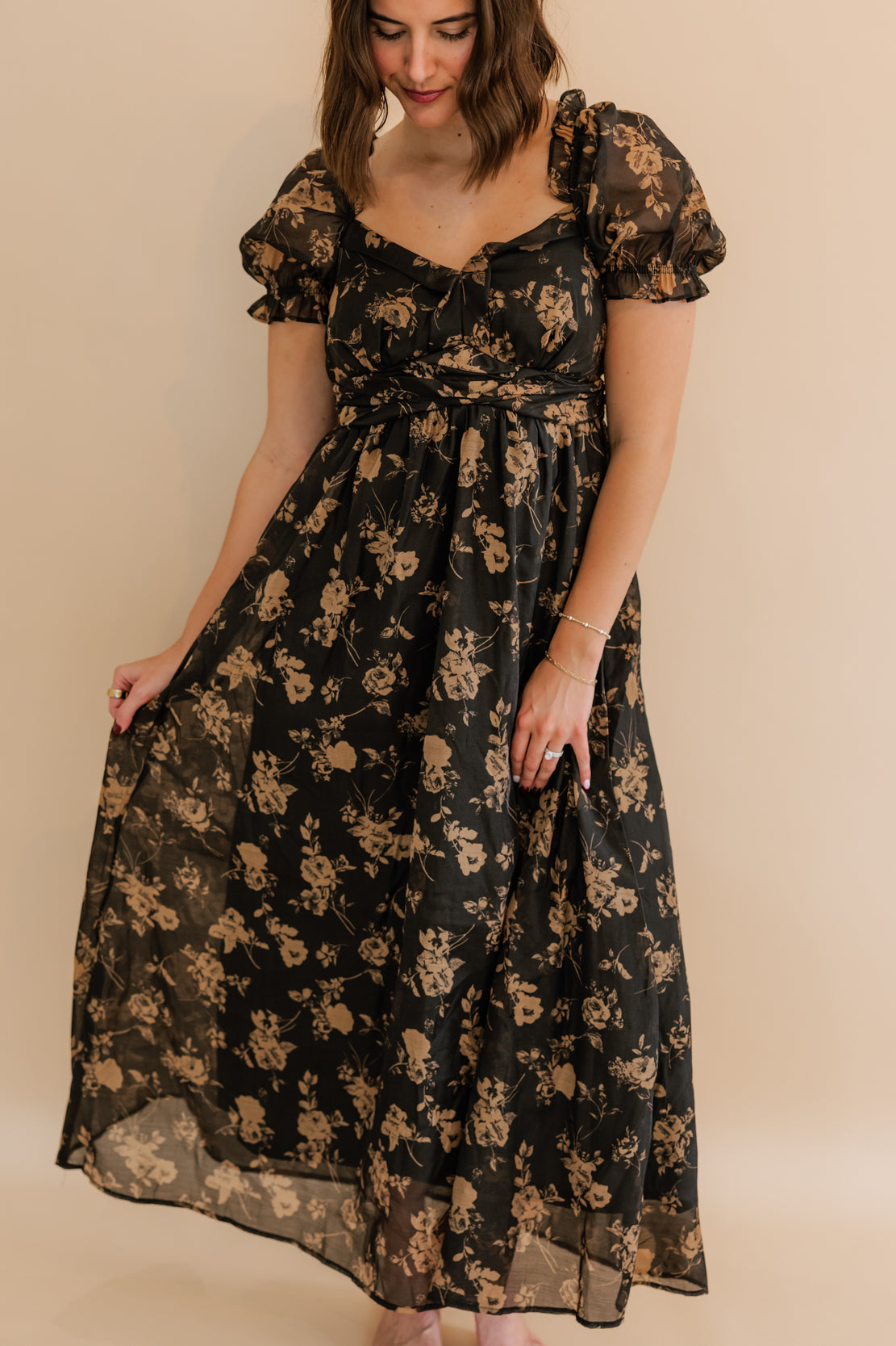 Emory Floral Ruffled Midi Dress | Black