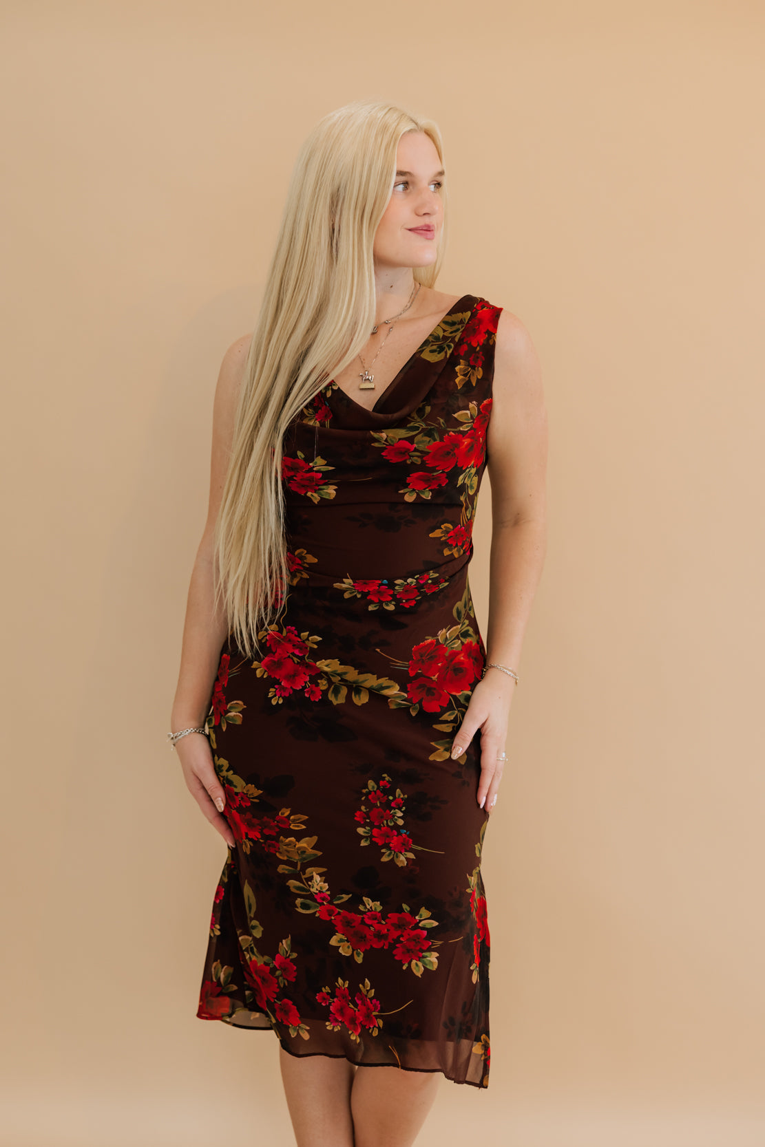 Crystal Floral Cowl Neck Midi Dress | Ruby Wine