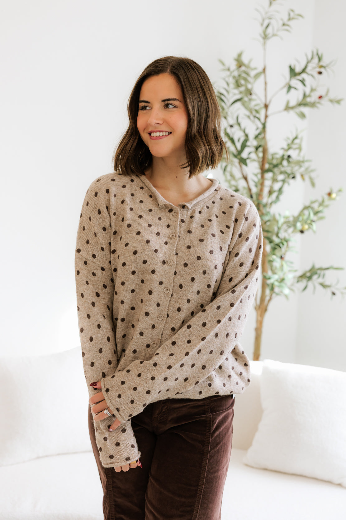 Letty Polka Dot Knit Cardigan | Light Mocha