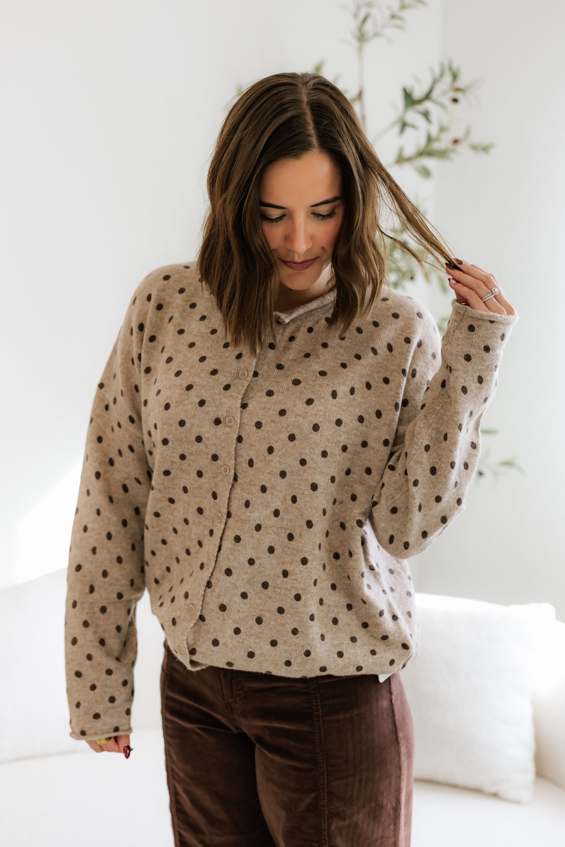 Letty Polka Dot Knit Cardigan | Light Mocha