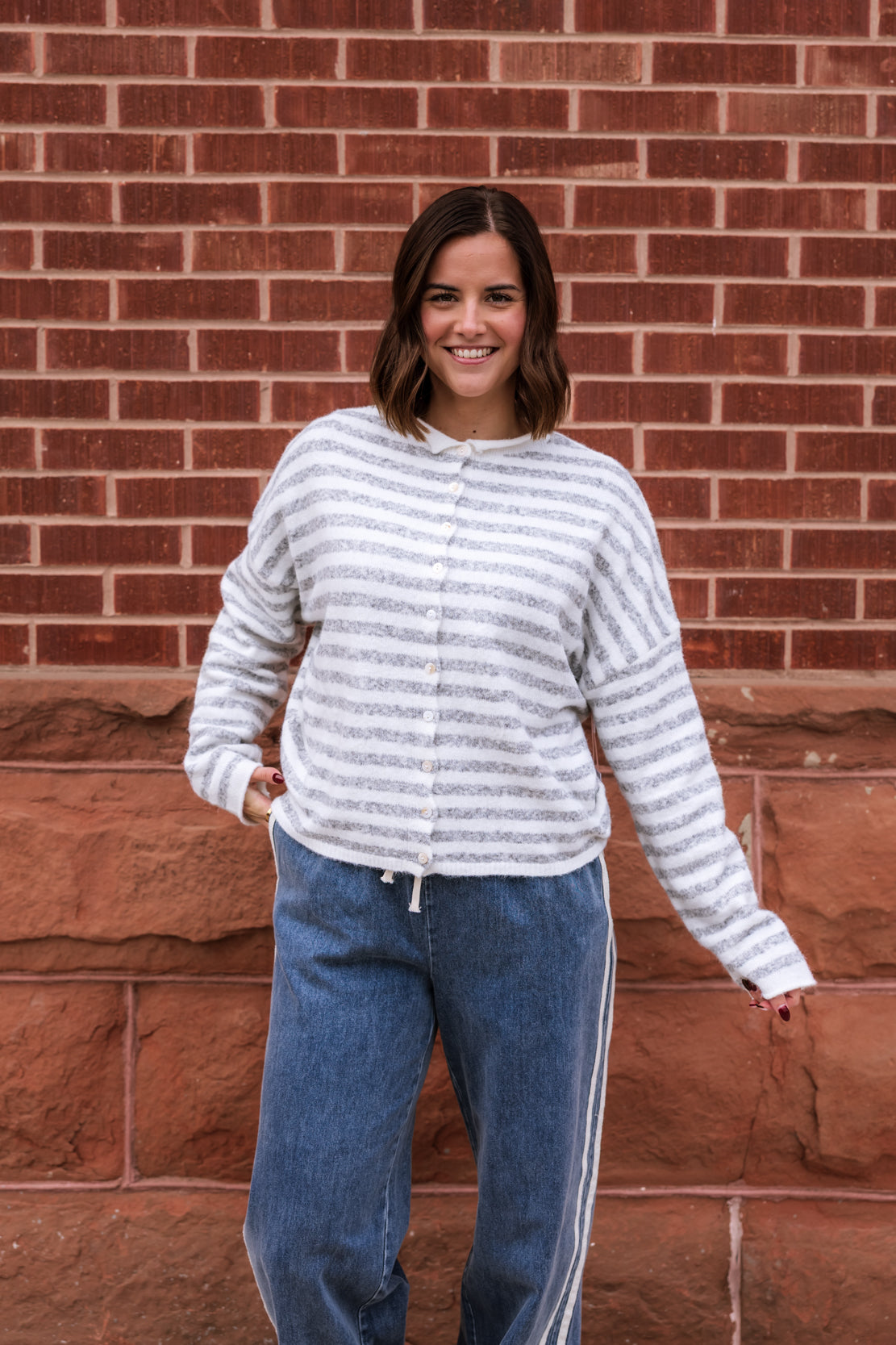 Lynn Striped Cardi | Ivory/Heather Grey