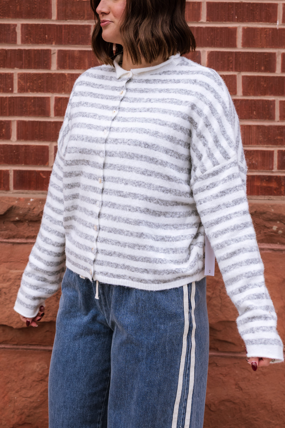 Lynn Striped Cardi | Ivory/Heather Grey