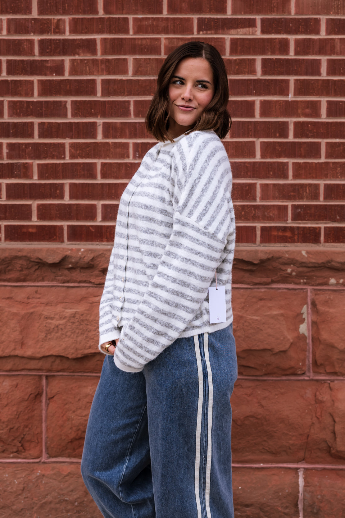 Lynn Striped Cardi | Ivory/Heather Grey