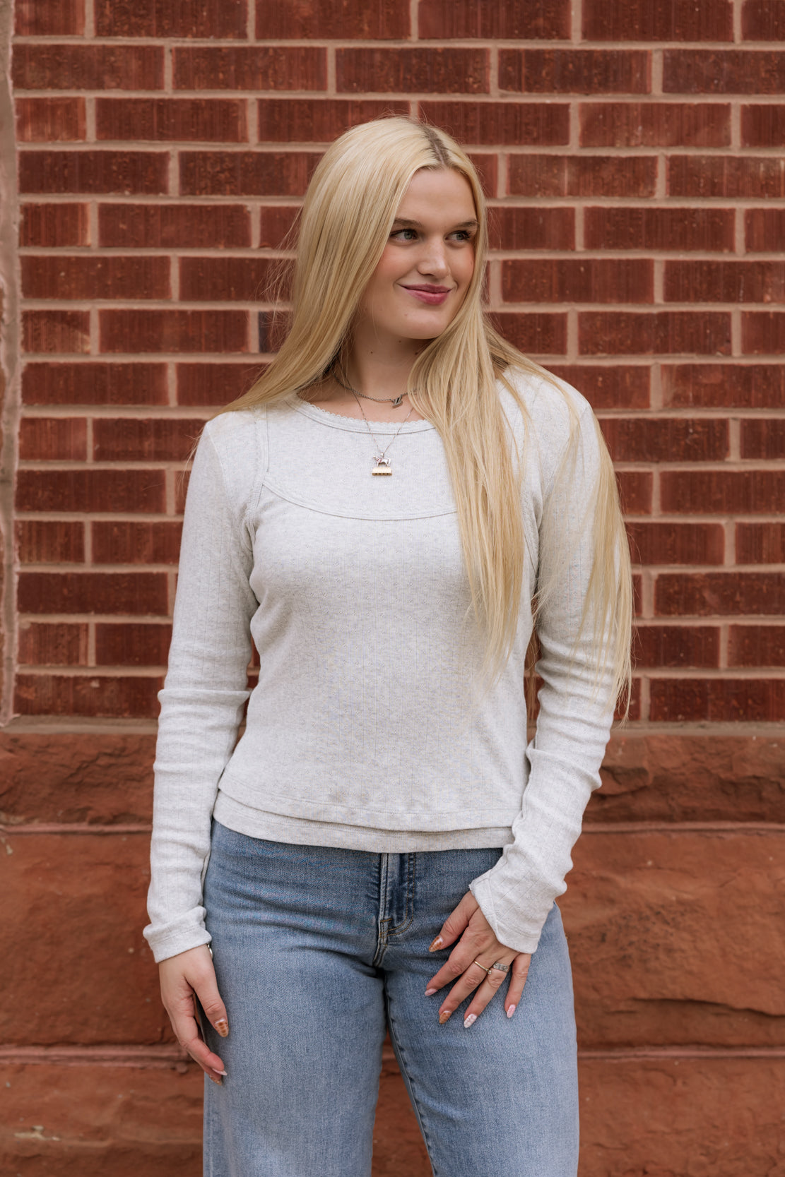 Hannah Pointelle Layered Long Sleeve | Heather Grey
