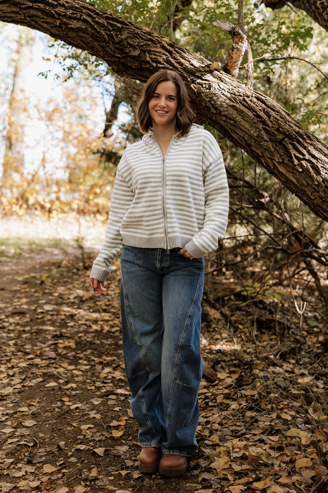 Ellie Striped Hooded Zip Up | Grey