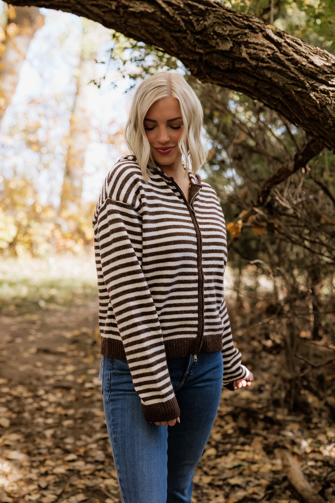 Ellie Striped Hooded Zip Up | Brown Combo