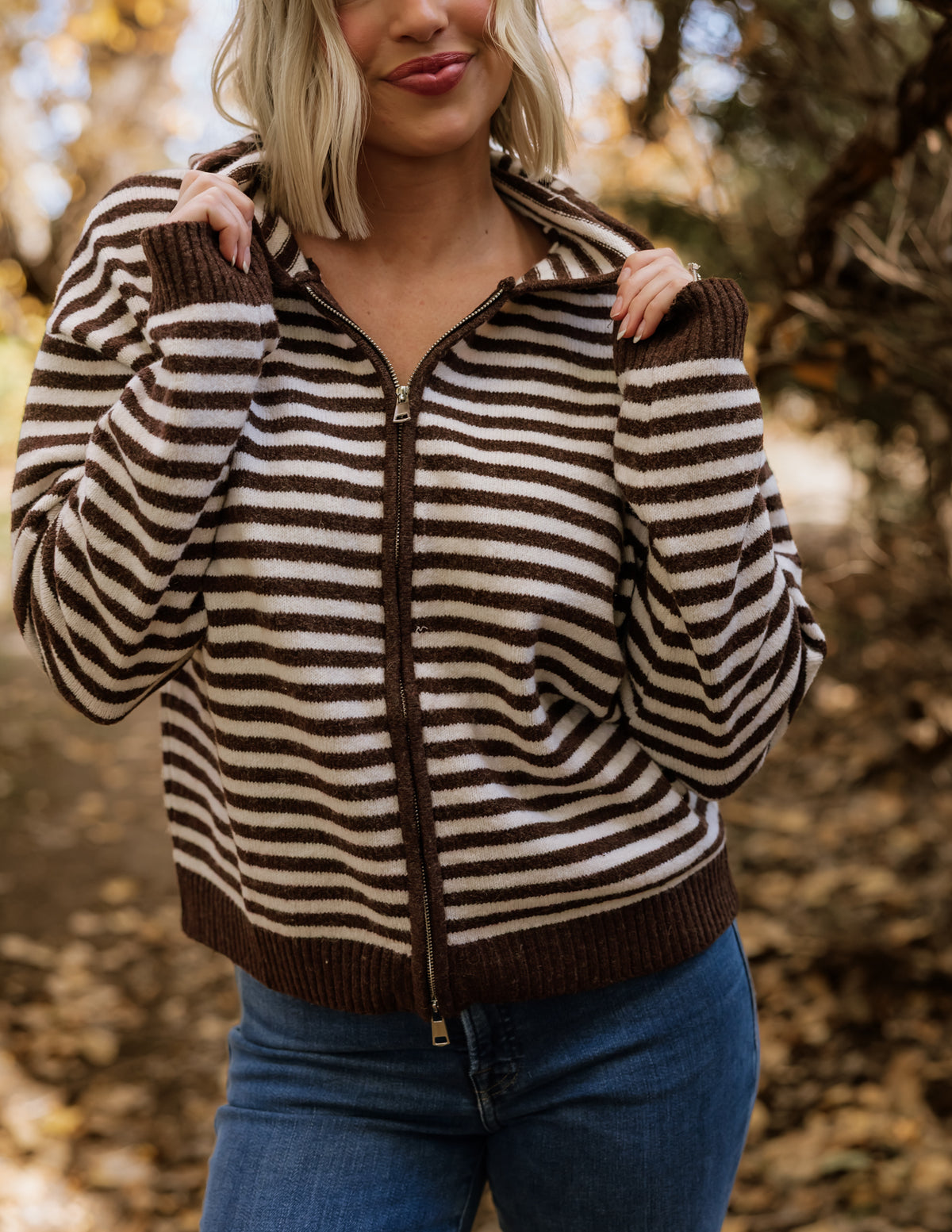 Ellie Striped Hooded Zip Up | Brown Combo
