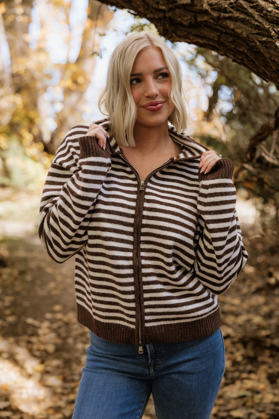 Ellie Striped Hooded Zip Up | Brown Combo