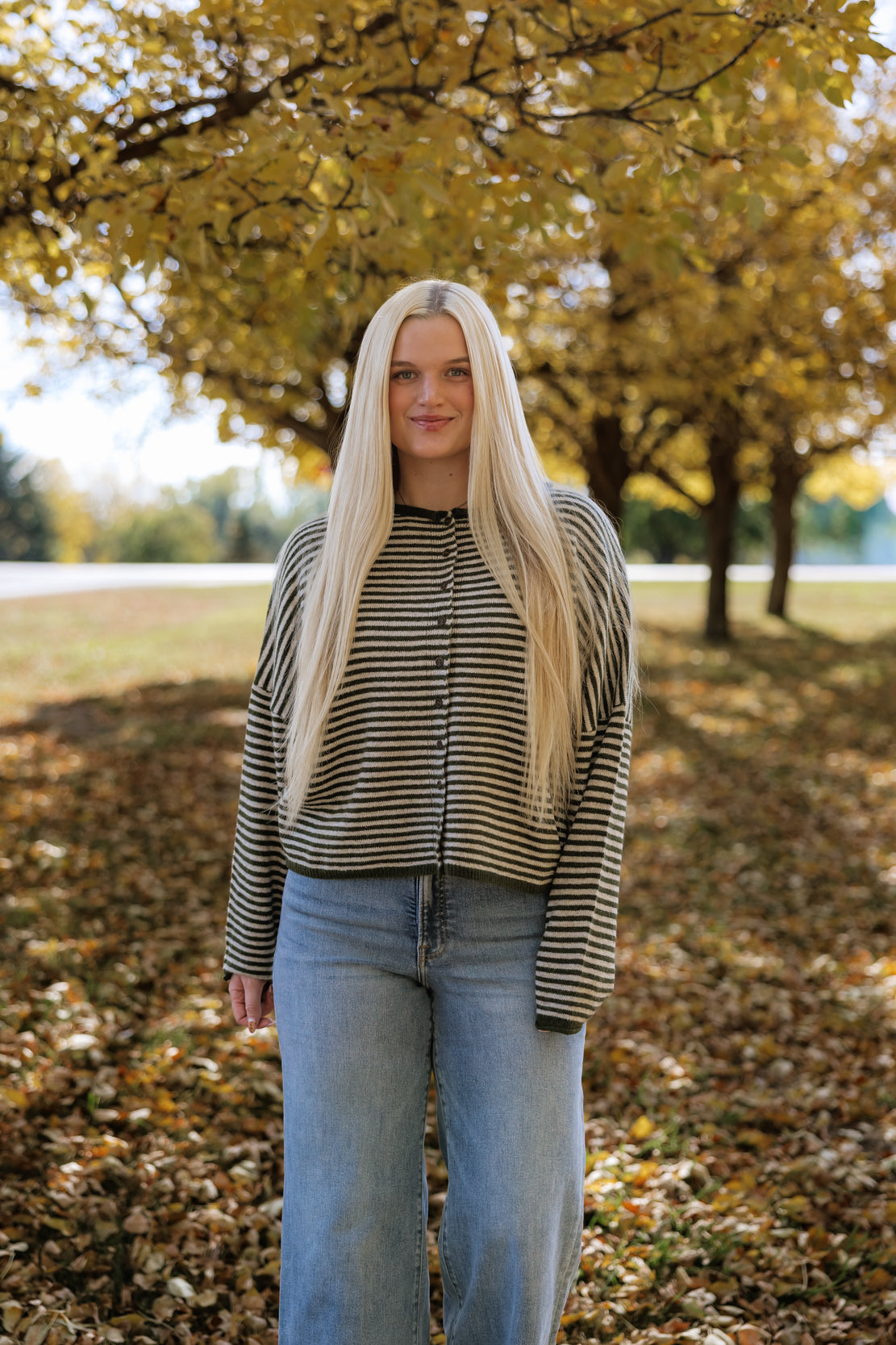 Posie Striped Button Down Cardi | Olive