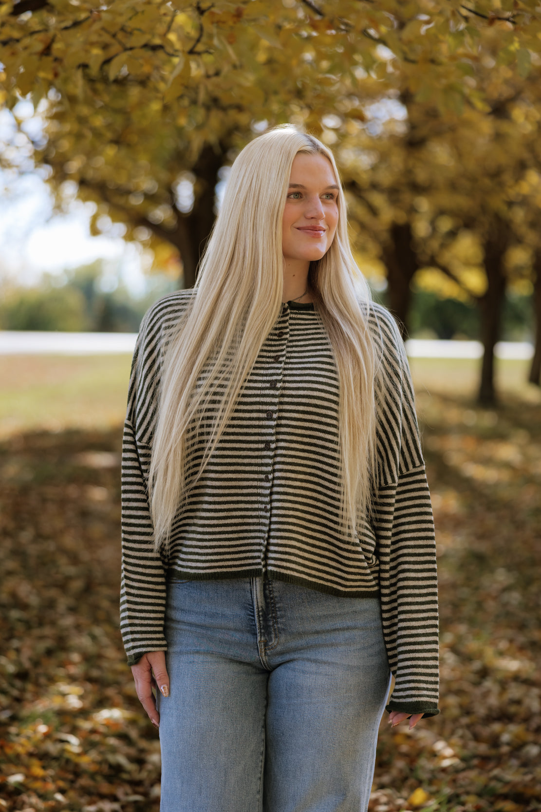 Posie Striped Button Down Cardi | Olive