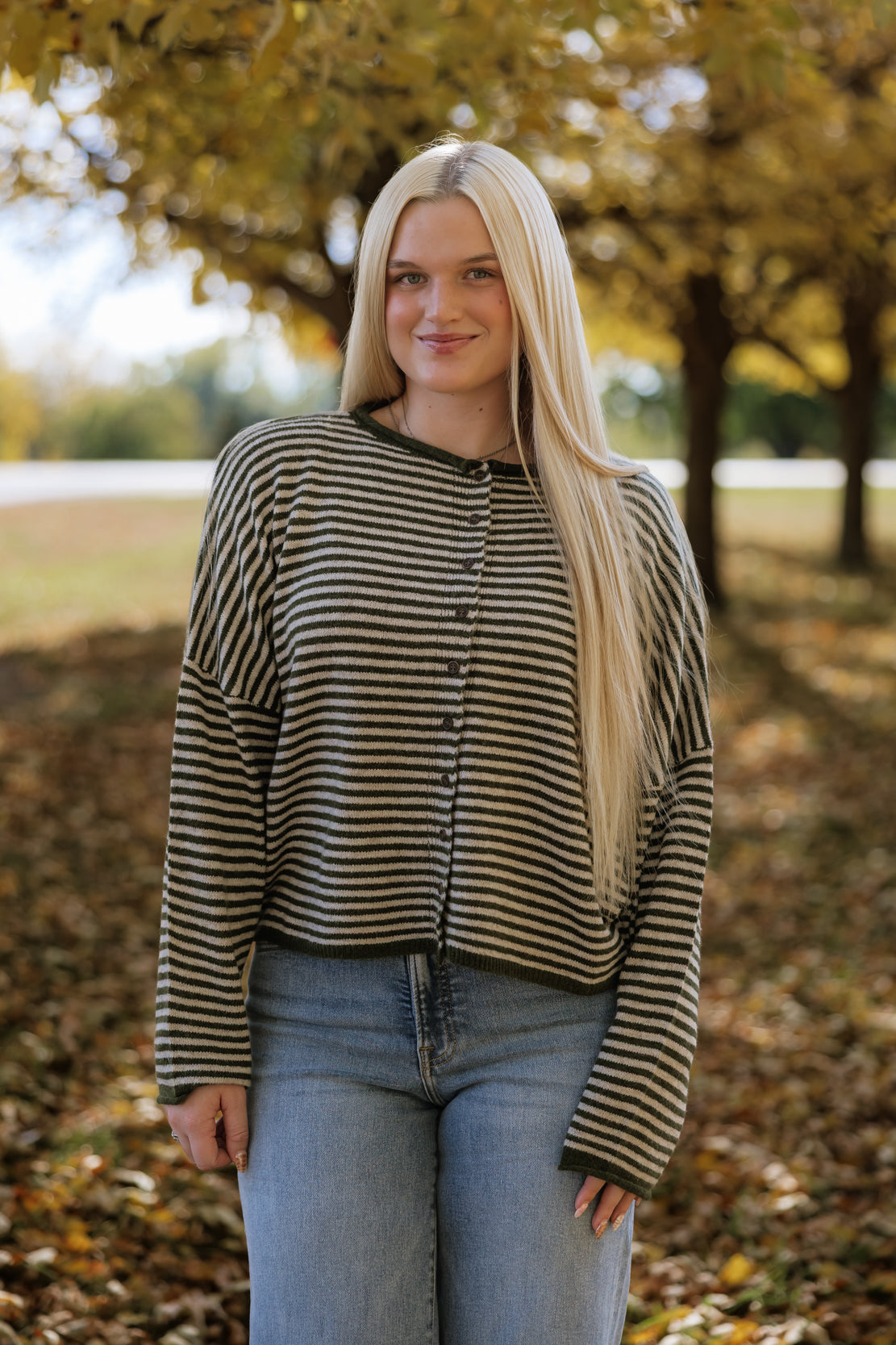 Posie Striped Button Down Cardi | Olive