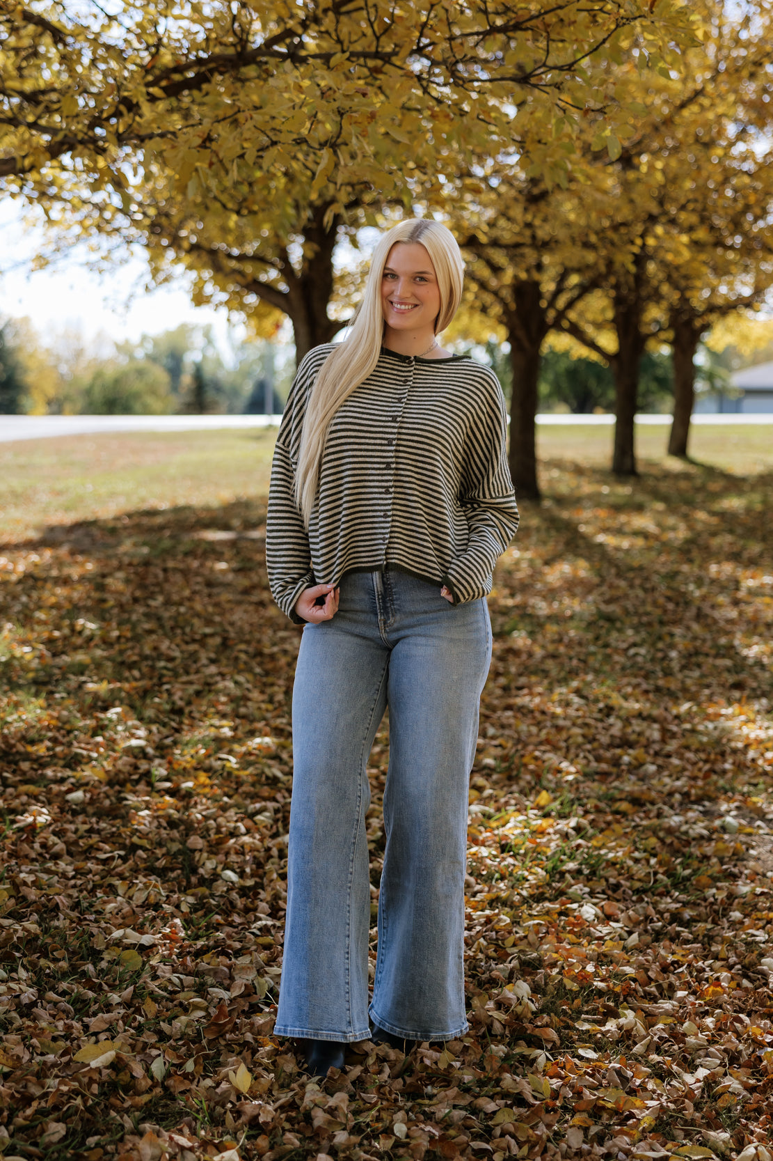 Posie Striped Button Down Cardi | Olive