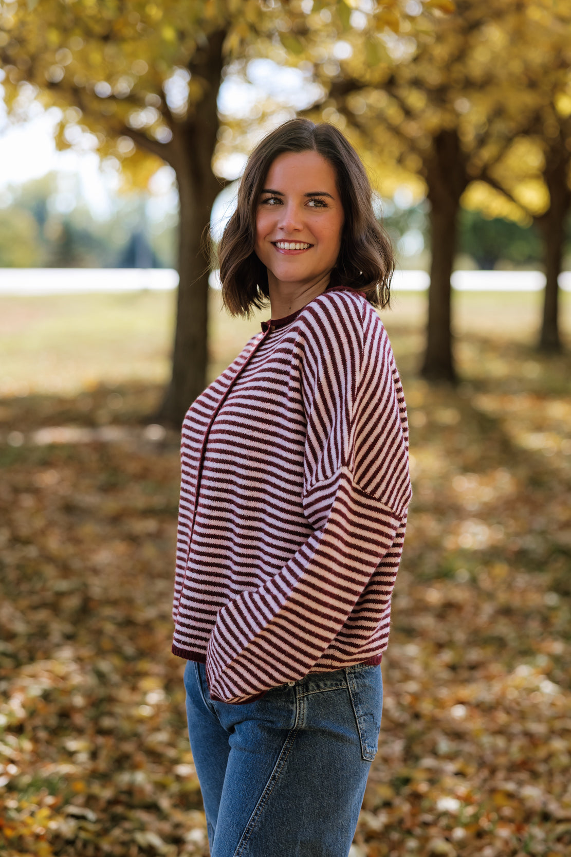 Posie Striped Button Down Cardi | Burgundy