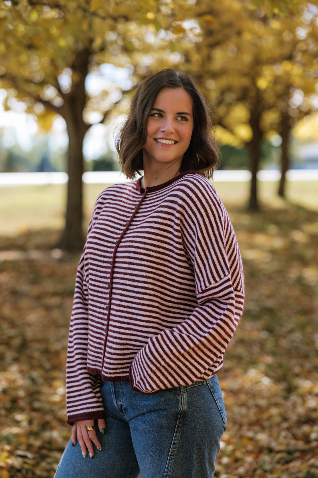 Posie Striped Button Down Cardi | Burgundy