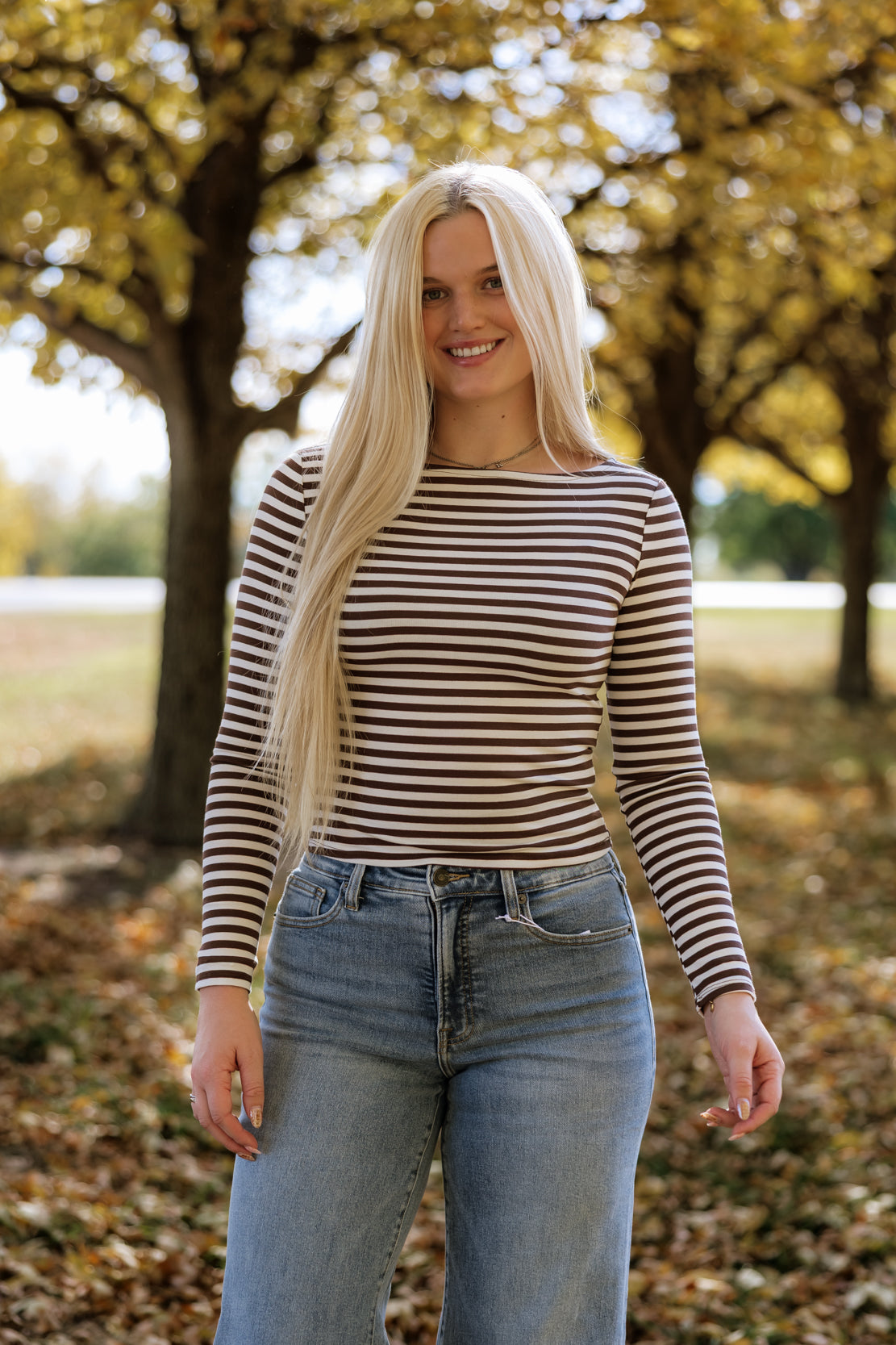 Savannah Striped Boat Neck Top | Brown