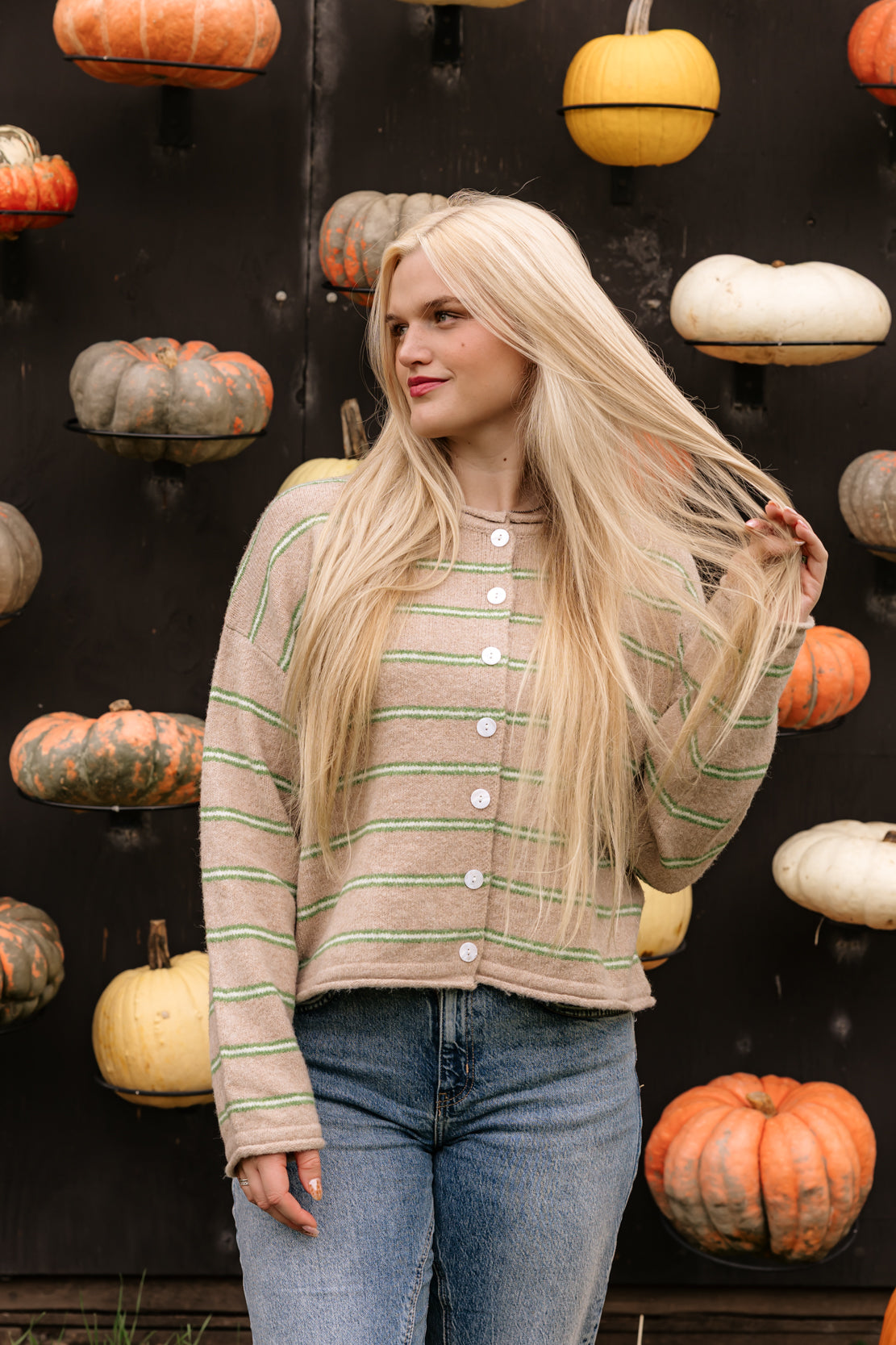 Deanna Striped Button Front Cardigan | Cozy Mint