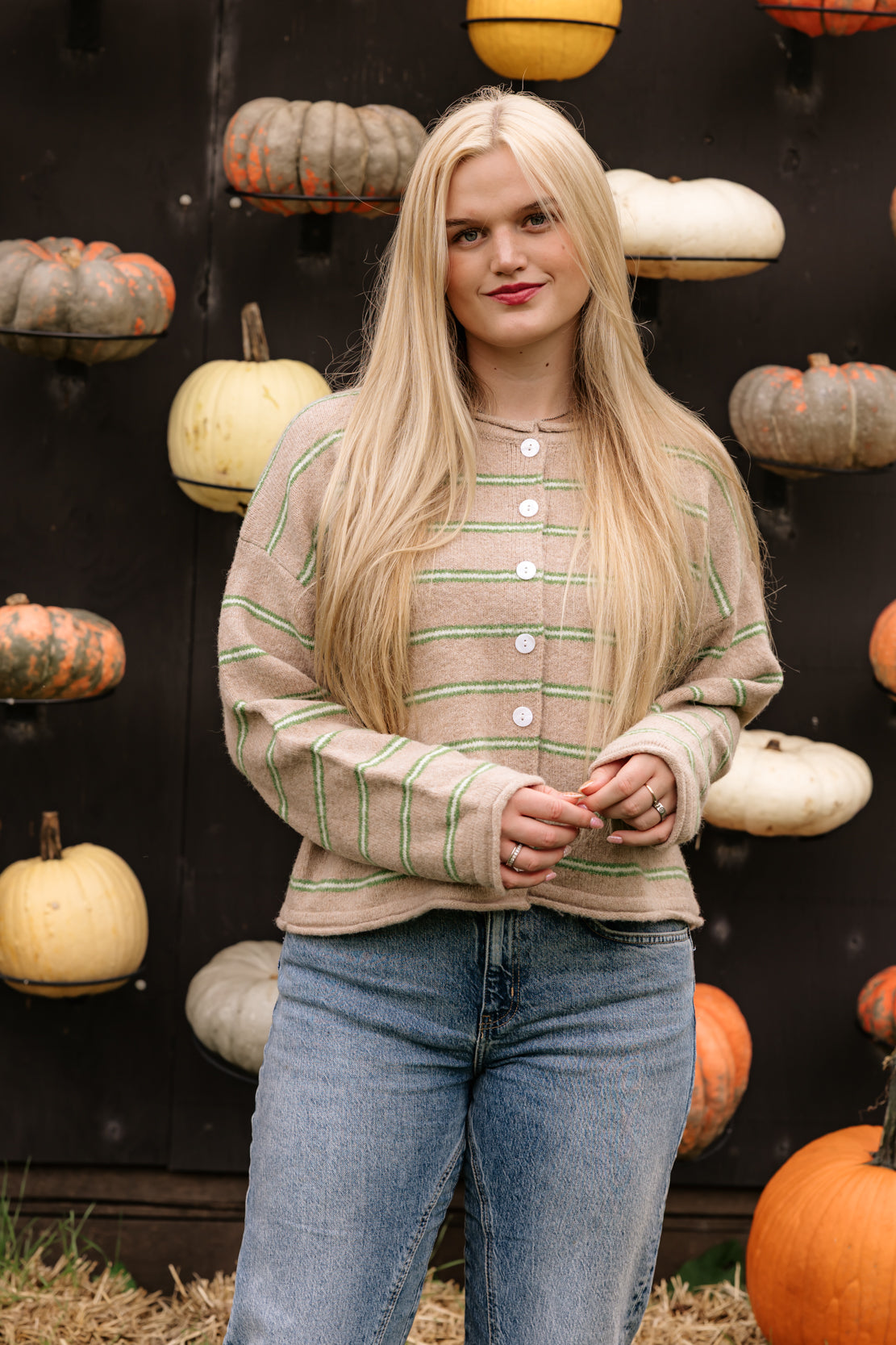 Deanna Striped Button Front Cardigan | Cozy Mint